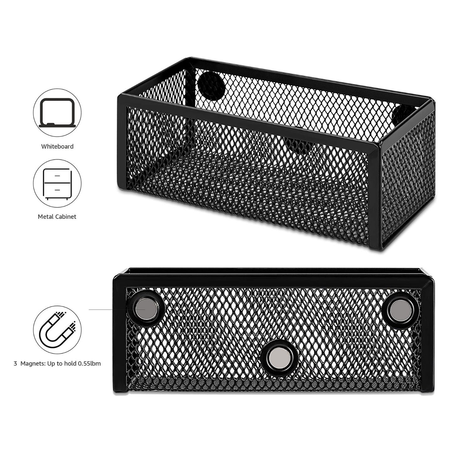 Magnetic Mesh Storage Baskets for Office Supplies   3 Pack, Black, 6"x2.5"x2.23