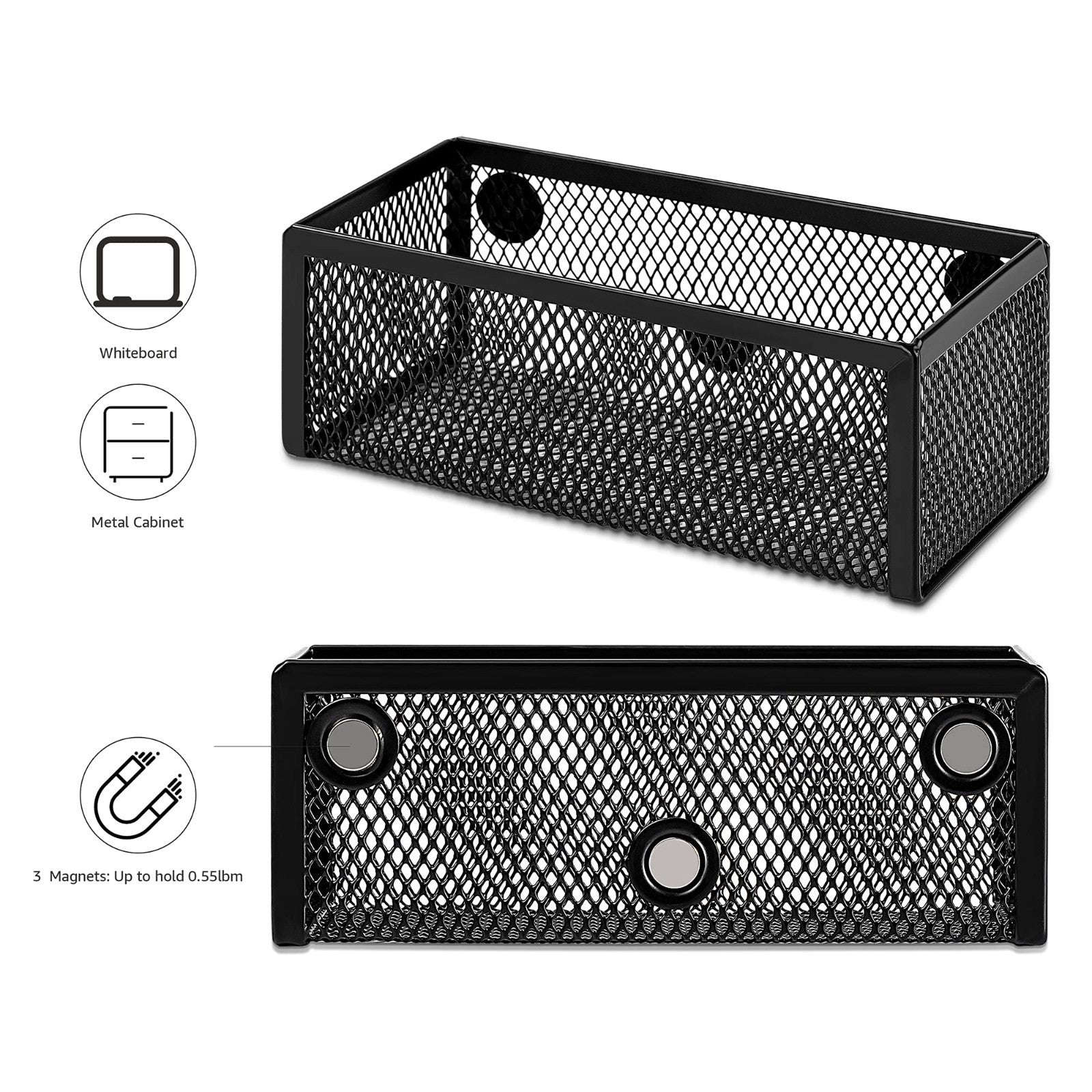 Magnetic Mesh Storage Baskets for Office Supplies   3 Pack, Black, 6"x2.5"x2.23