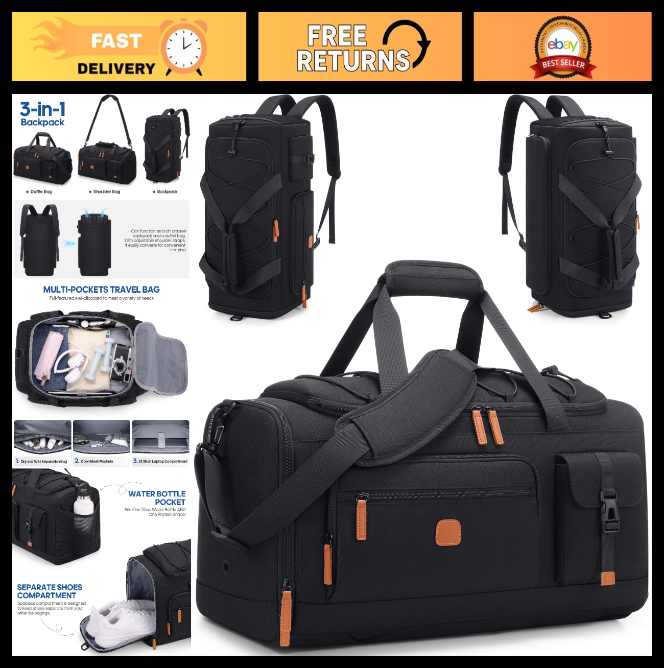 Versatile 3-in-1 Gym Bag with Shoe & Laptop Compartment - Anti-Theft Duffle Back0