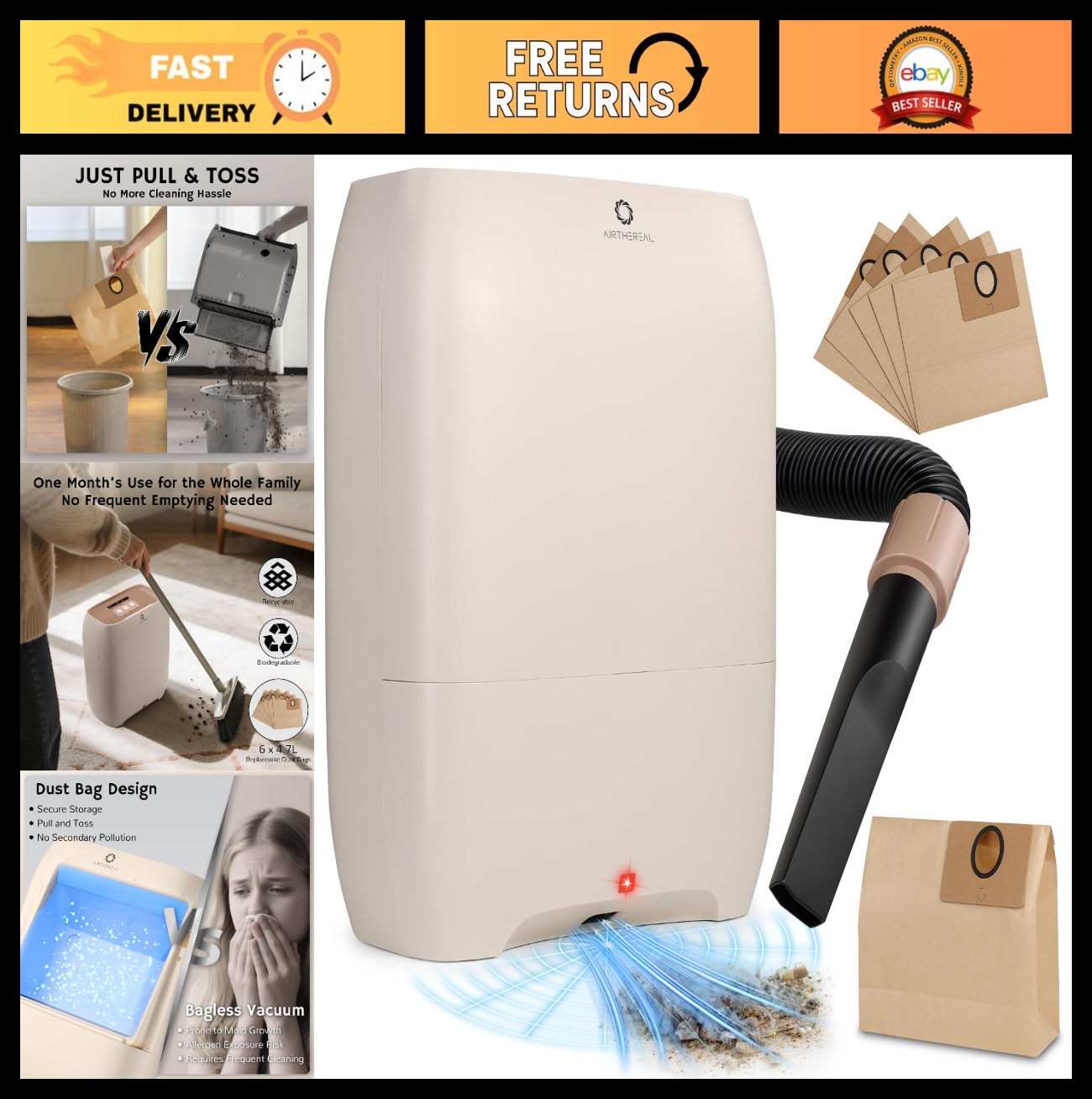 Touchless Vacuum Cleaner with HEPA Filter, 3 Modes, 6 Dust Bags, 1500W Power0