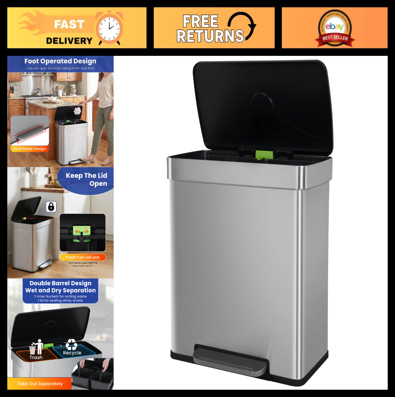 Dual Compartment 60L Stainless Steel Trash Can with Soft-Close Lid & Removable B0