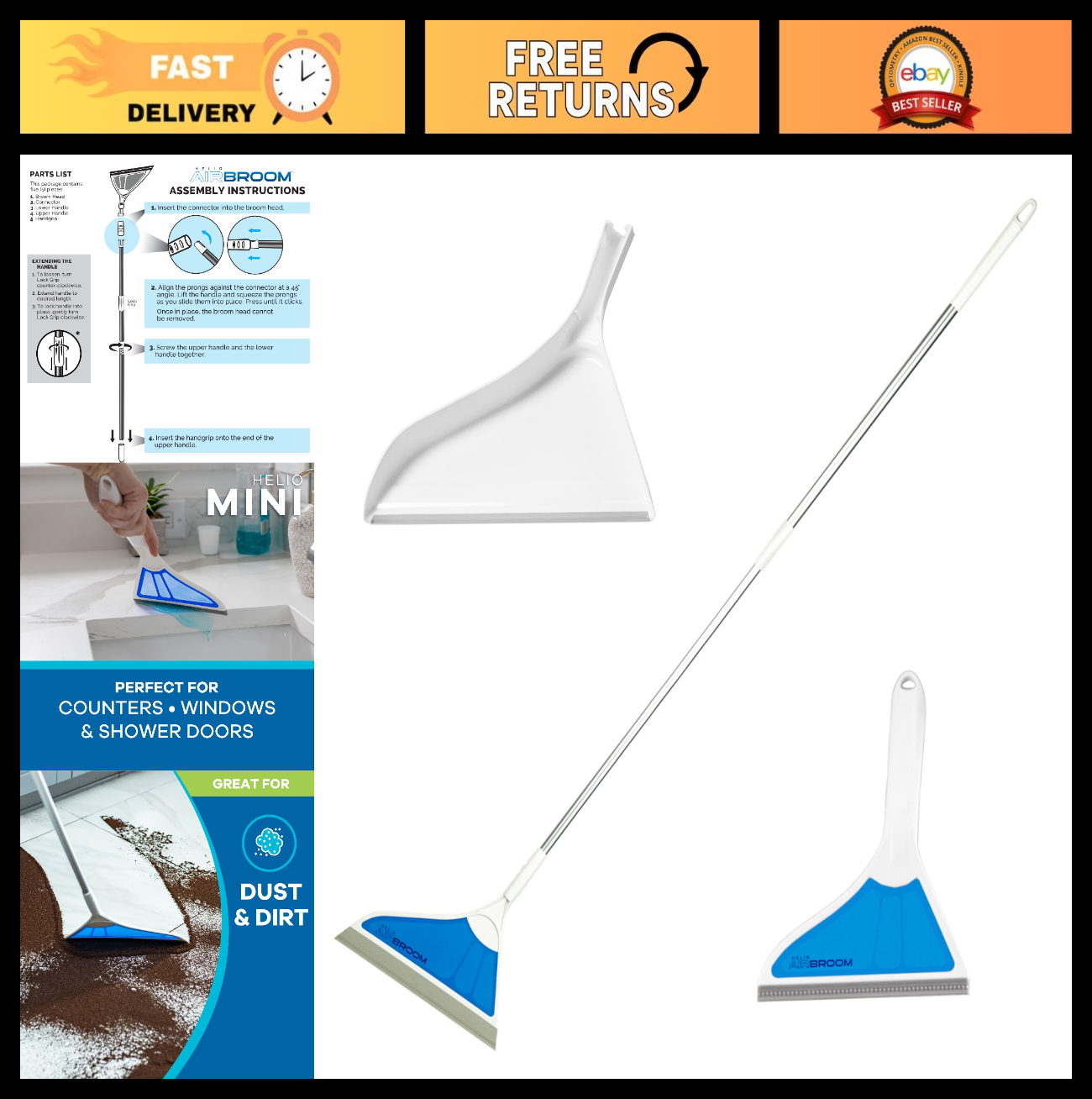 3-Piece Wet/Dry Cleaning Set - AirBroom Sweeper, Squeegee & Dustpan Combo0