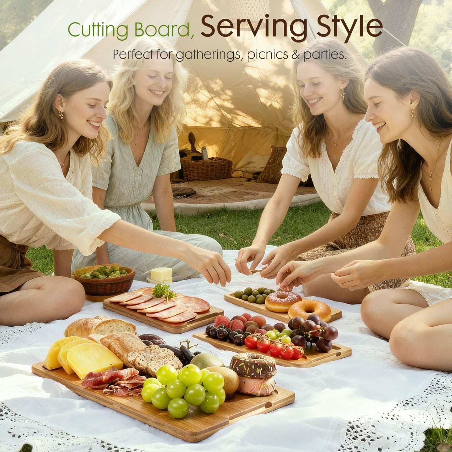 Reversible Bamboo Cutting Board Set with Juice Grooves & Easy Grip Handles   Kit6