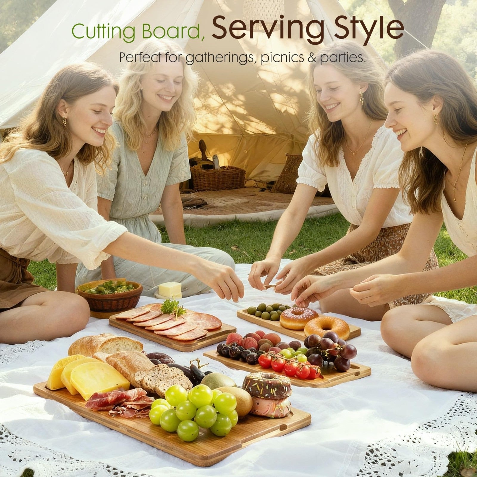 Reversible Bamboo Cutting Board Set with Juice Grooves & Easy Grip Handles   Kit6