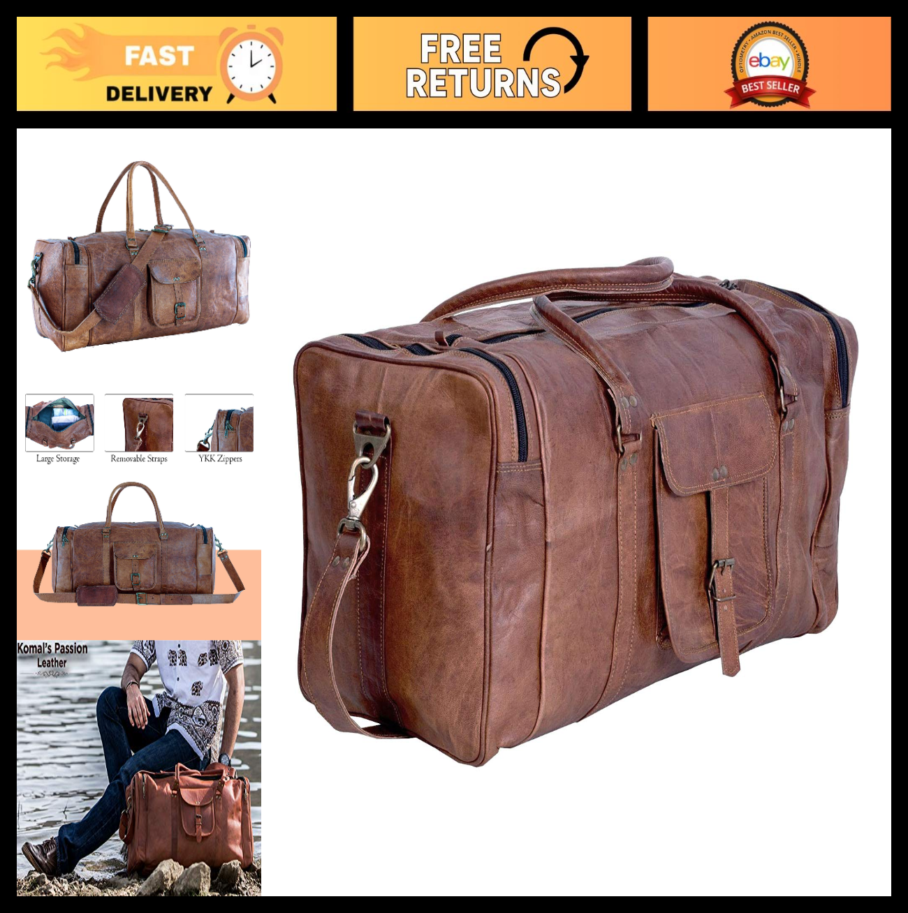 21 Inch Vintage Leather Duffle Bag - Travel, Gym, Sports, Overnight, Weekend Use0