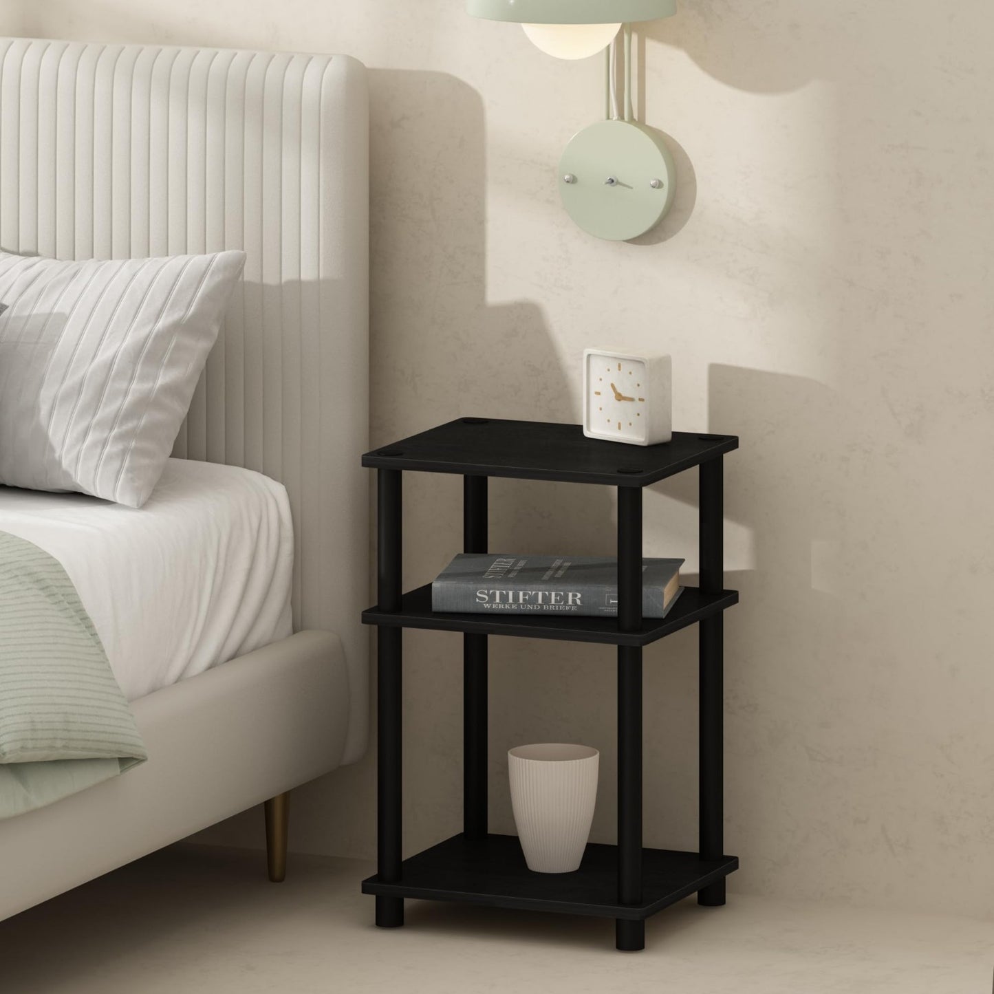 3-Tier Open Storage Nightstand, Easy Assembly, Plastic Poles, Americano/Black Fi1