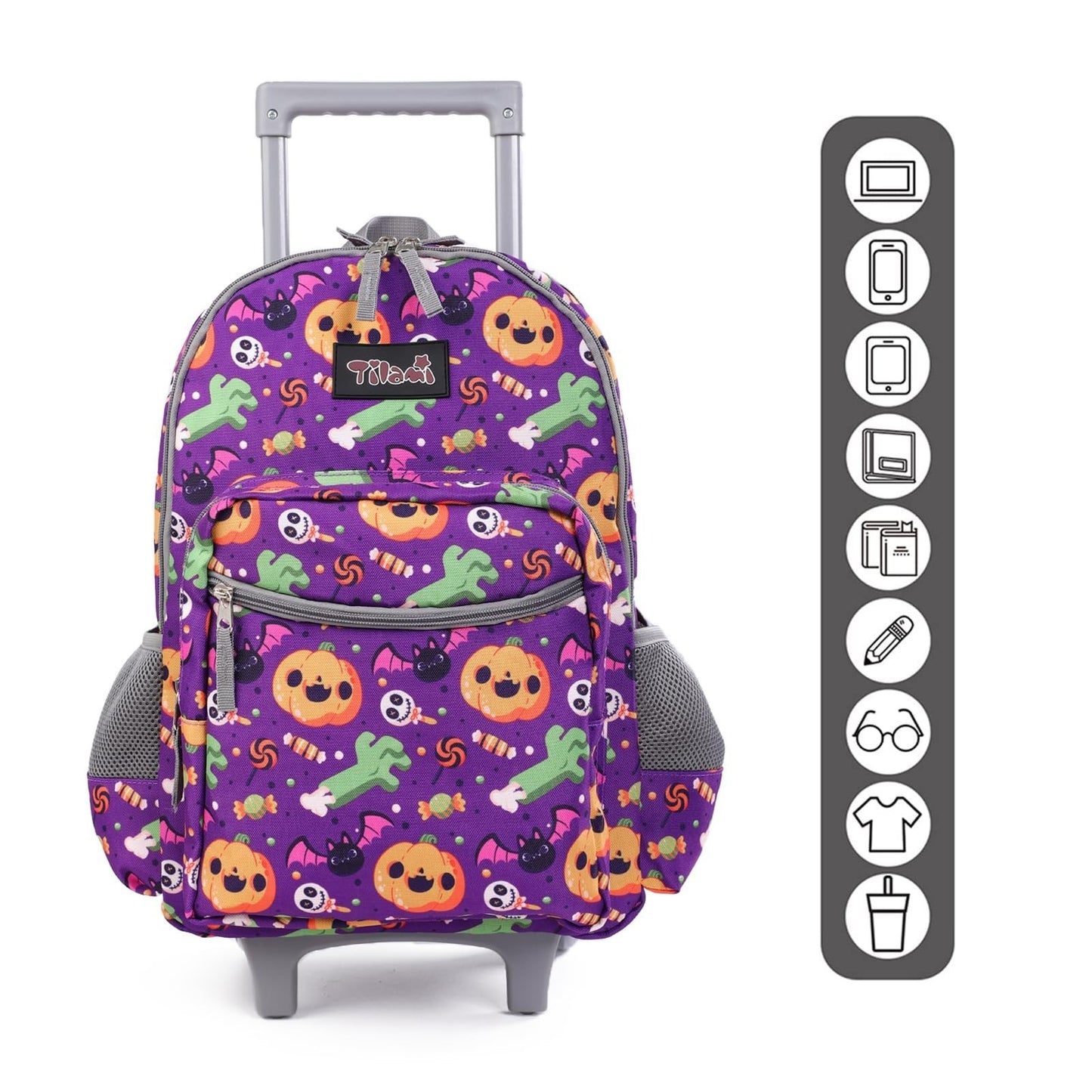 Wheeled Kids Backpack 18" Rolling Bag with Lunch Bag, Double Handle, Pumpkin Pur3