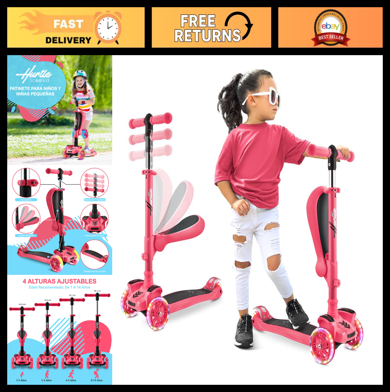 3-Wheeled Kids Scooter with LED Lights, Adjustable Handlebar, Foldable Seat - Si0