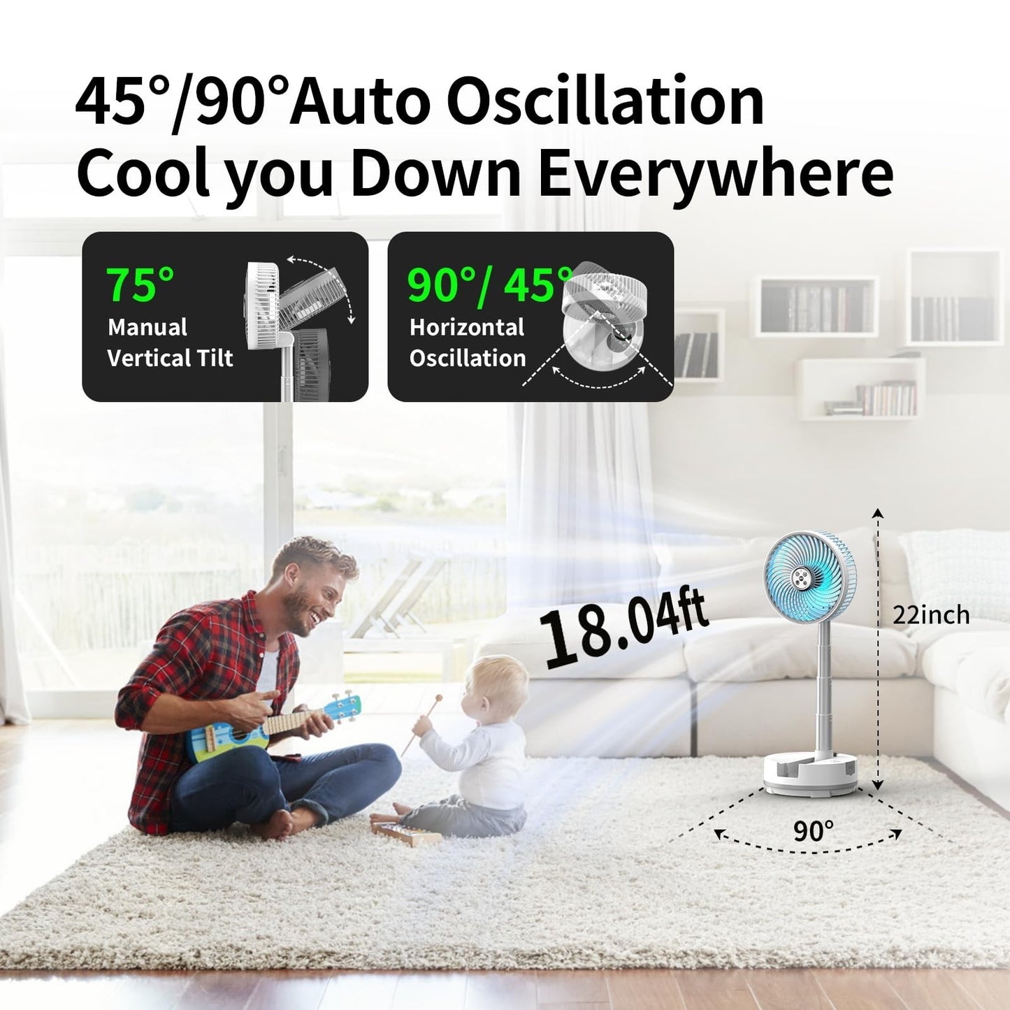 20000mAh Portable Rechargeable Fan   Foldable, 8 Speed, 112H Battery Life, Remot3