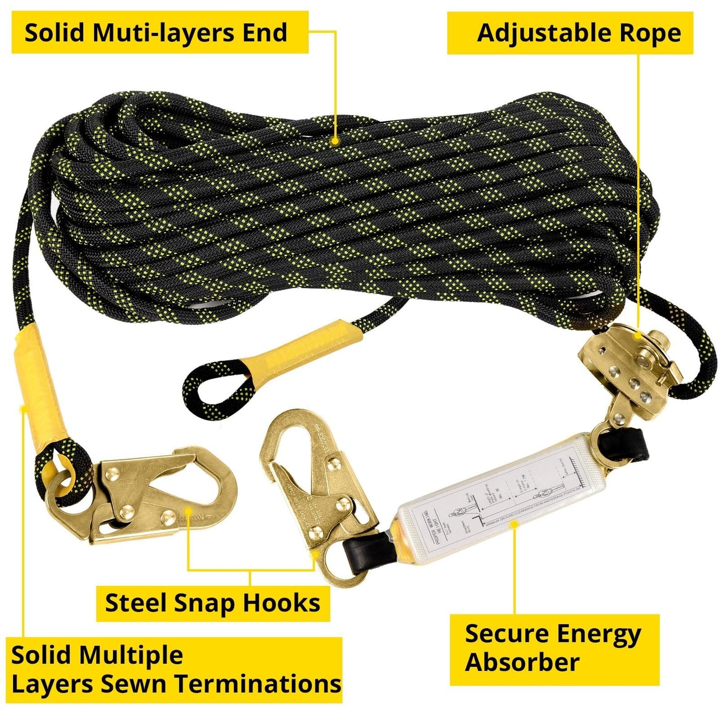 50ft Safety Rope Harness Lanyard for Roofing, Fall Protection, Heavy Duty, Secur2