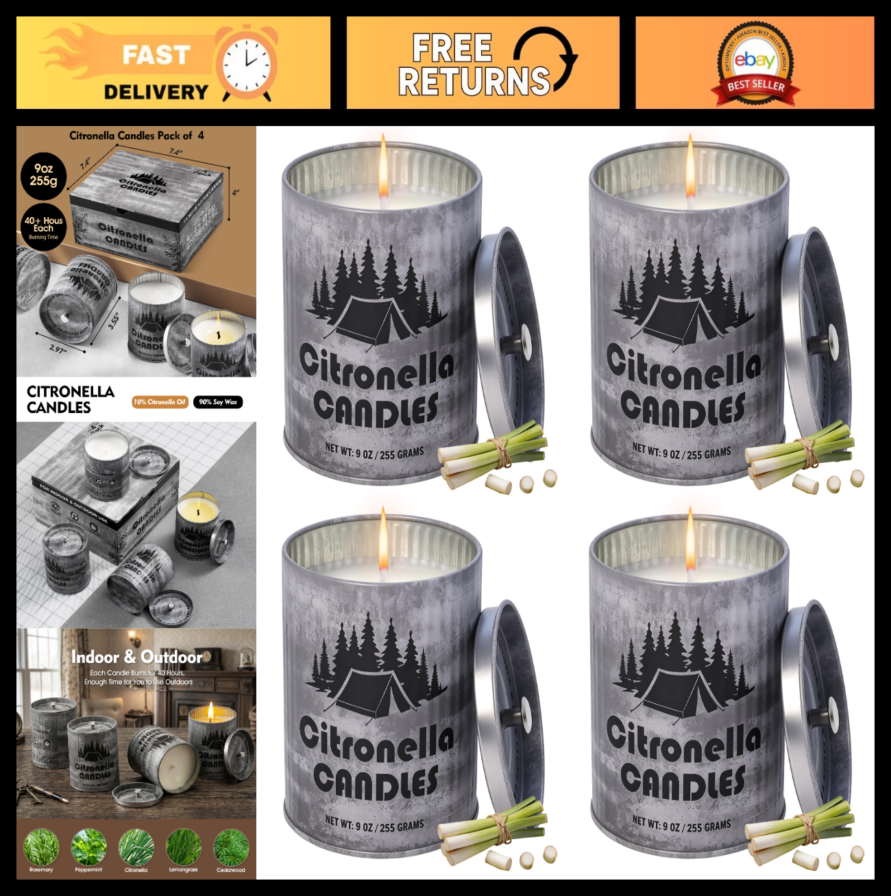 Set of 4 Citronella Candles, 9oz Each, Long-Lasting 40+ Hours, Smokeless Soy Wax0