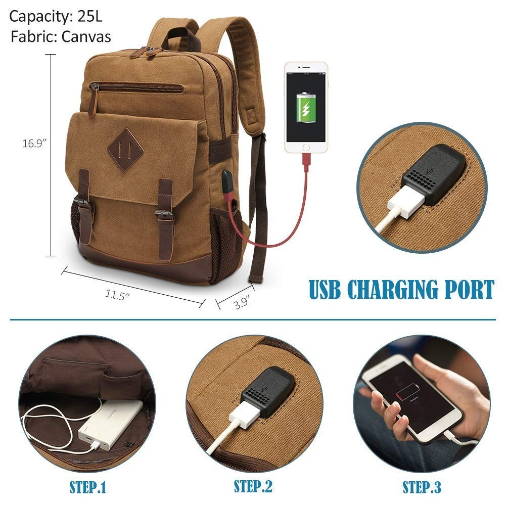 Vintage Canvas Laptop Backpack with USB Charging Port, Fits 15.6" Device, Travel2