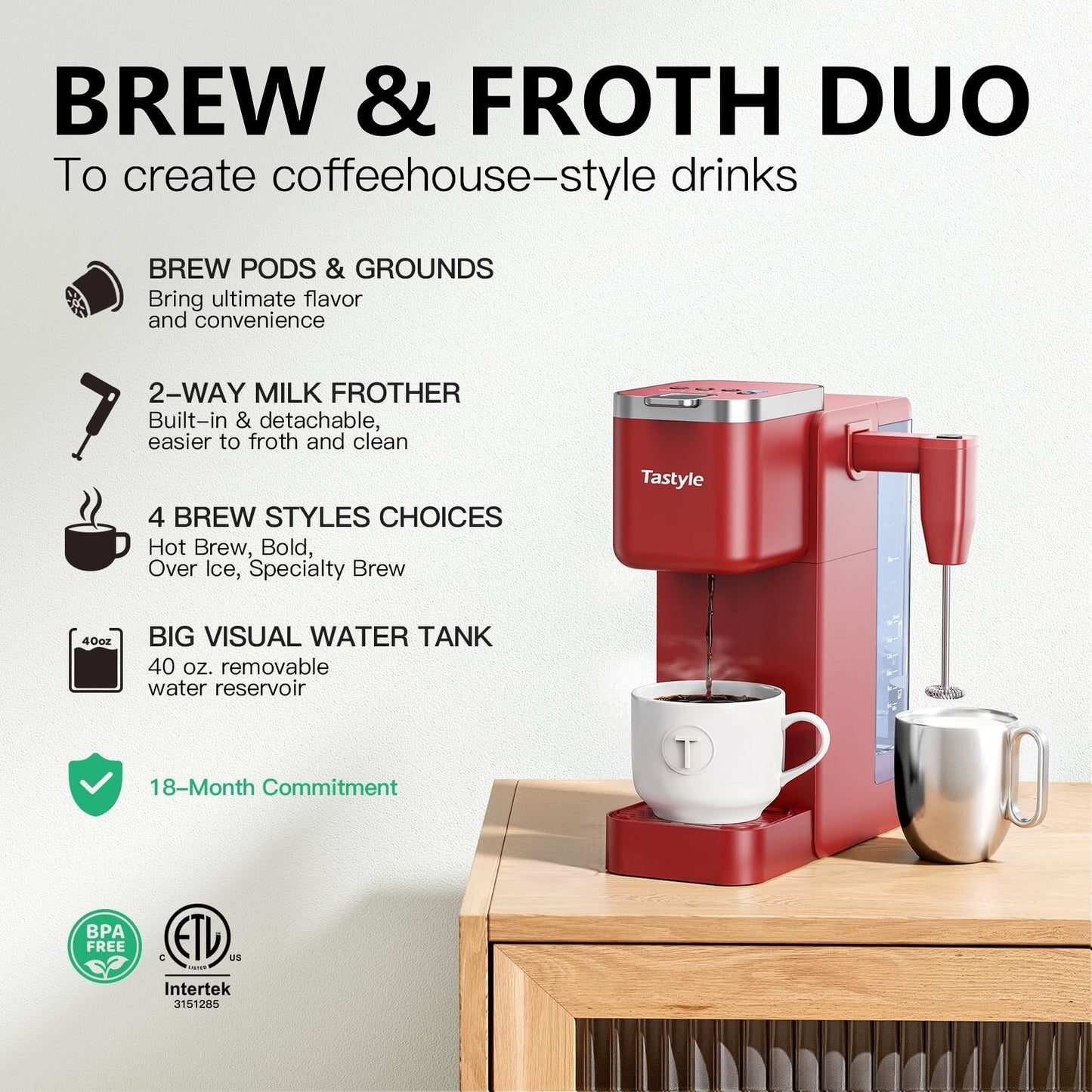 Single Serve Coffee Maker with Milk Frother, 40oz Tank, 6 Brew Sizes, BPA Free2