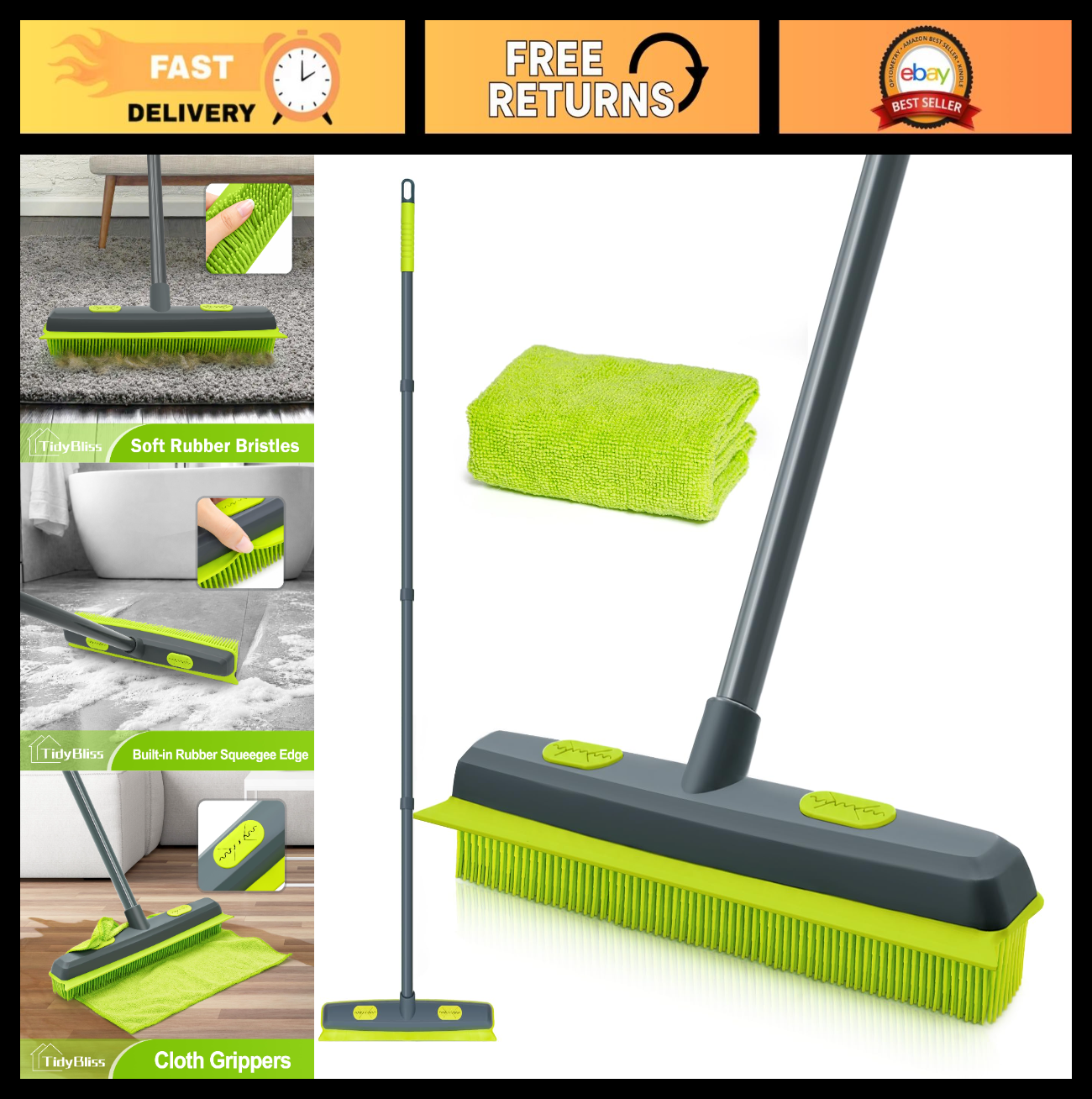Pet Hair Removal Broom with Squeegee, 55" Rubber Brush & Microfiber Cloth for Ca0