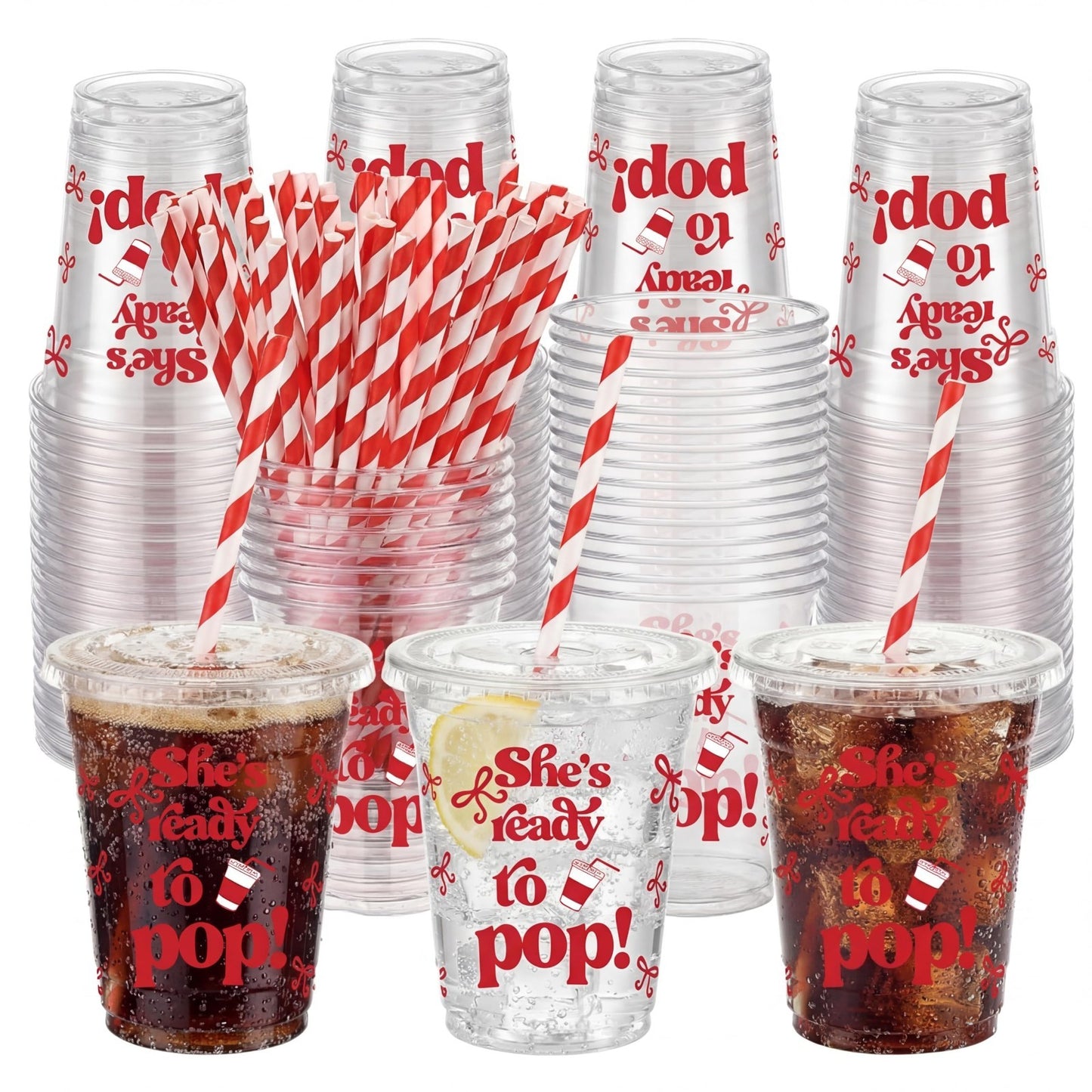 50 Set Disposable Cups with Lids & Straws - 12 oz Red Plastic for Parties, Baby1