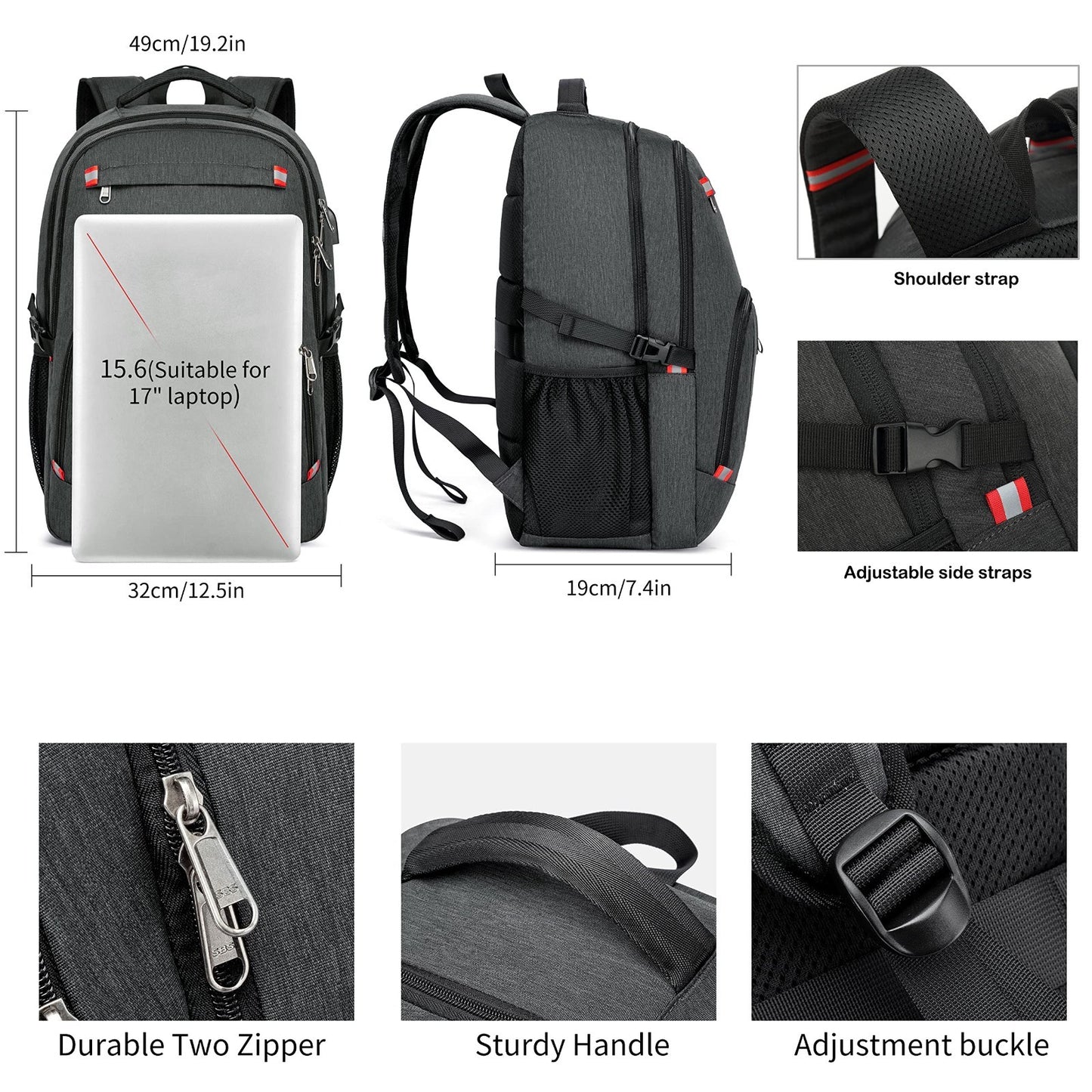Waterproof 17" Laptop Backpack, Large Travel Bookbag with USB Charging Port, Gre2