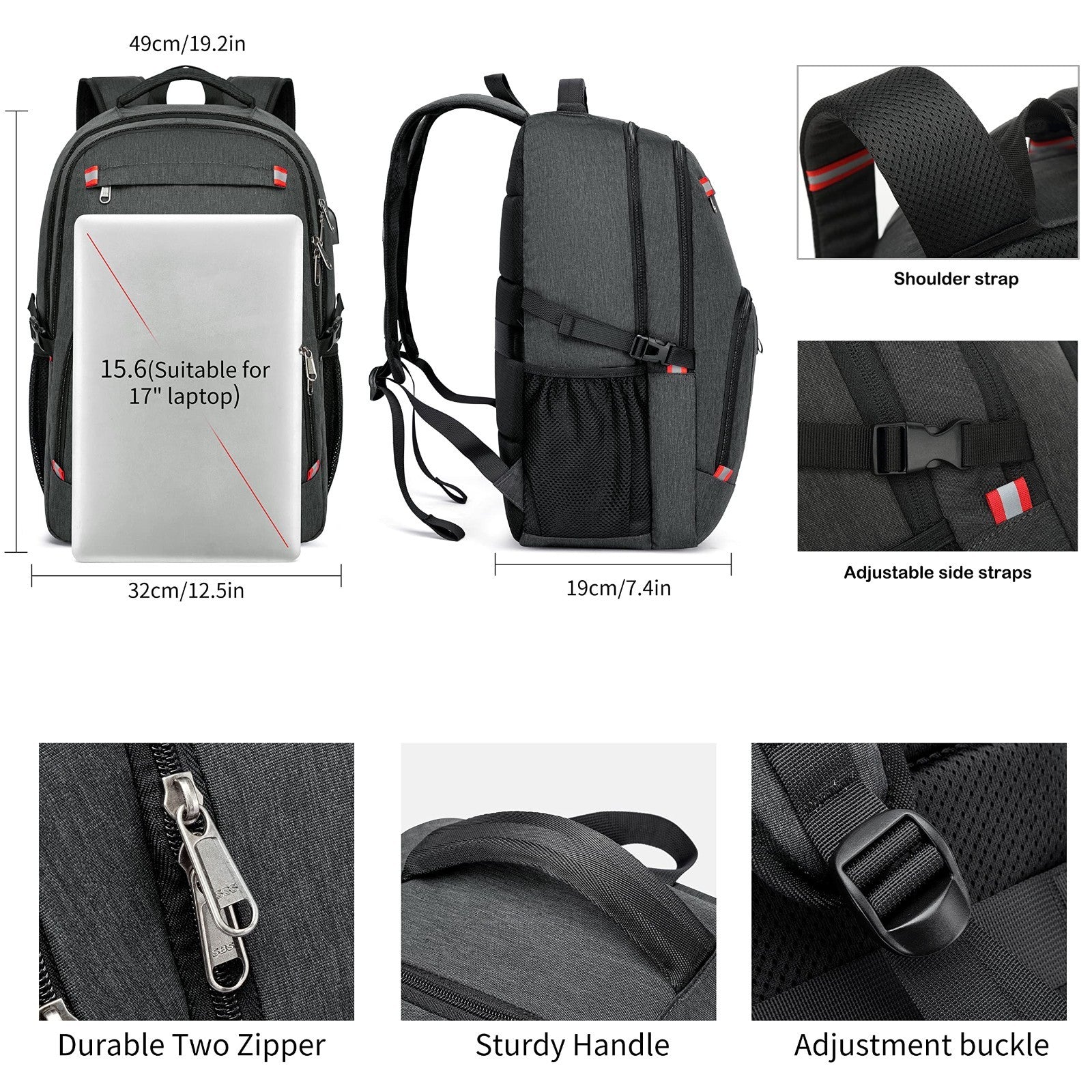 Waterproof 17" Laptop Backpack, Large Travel Bookbag with USB Charging Port, Gre2