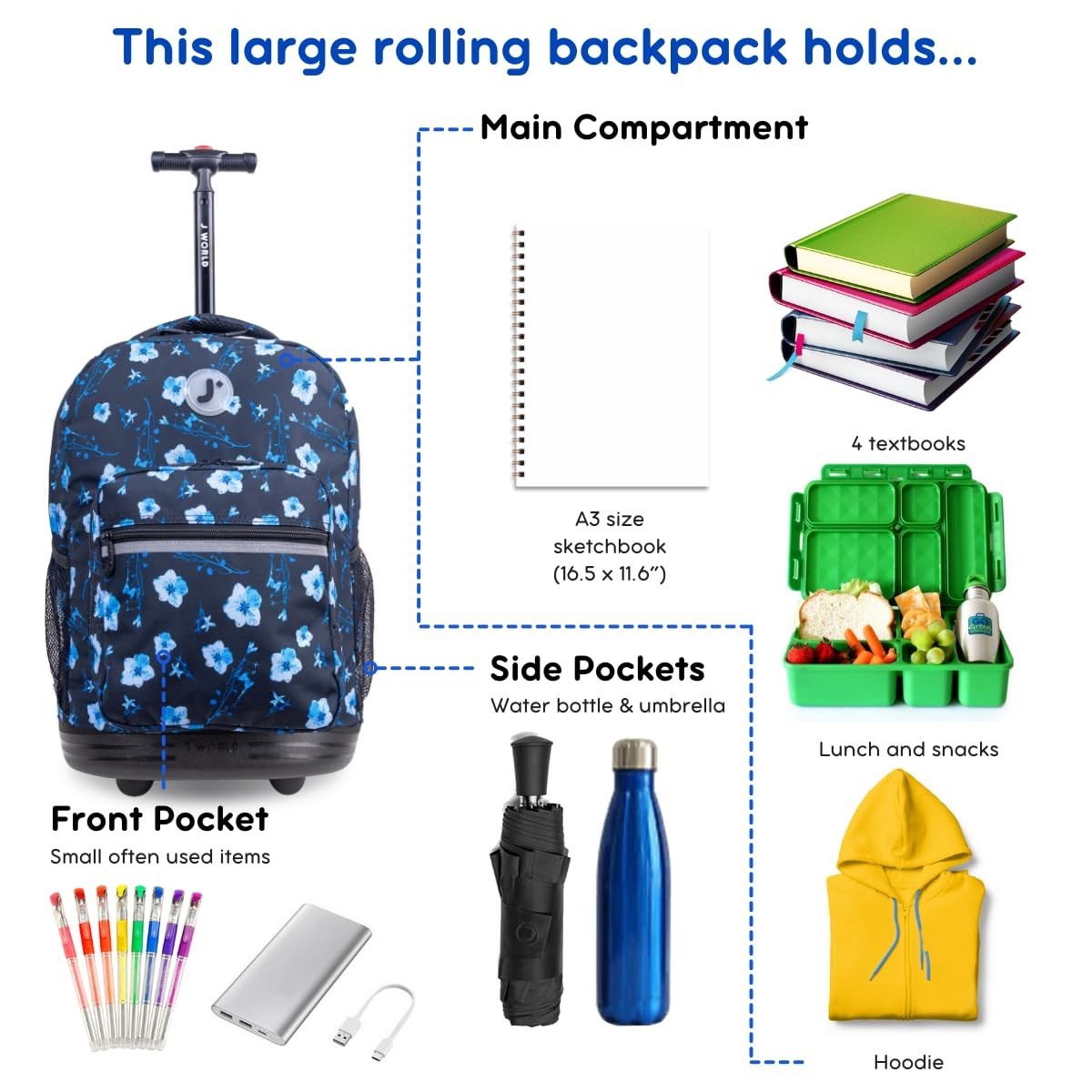 Kids Rolling Backpack with Wheels, 18" School Bookbag for Girls & Boys, Night Bl3