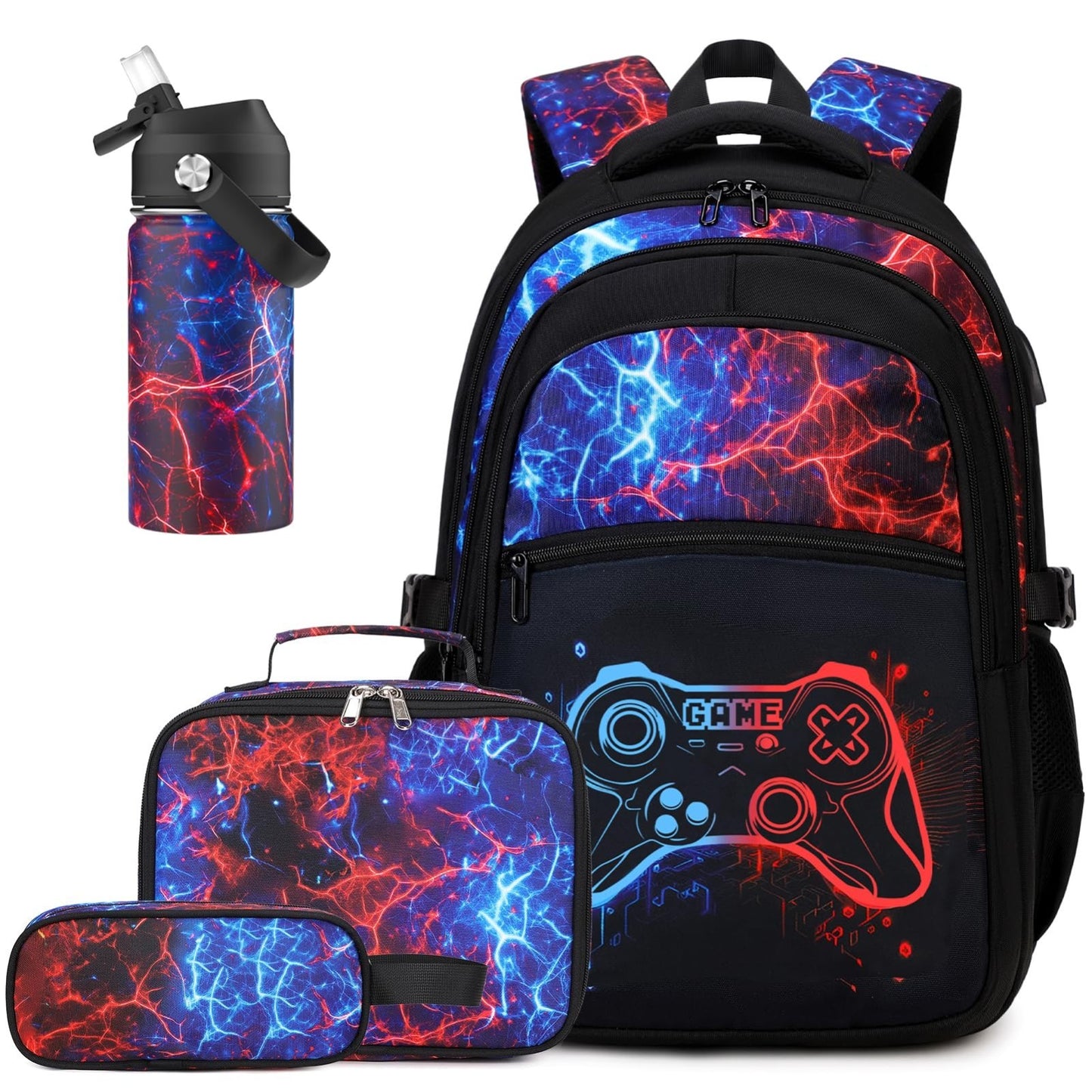 Cool Luminous Gamer Backpack Set for Boys, 6PCS with Insulated Water Bottle & Lu0