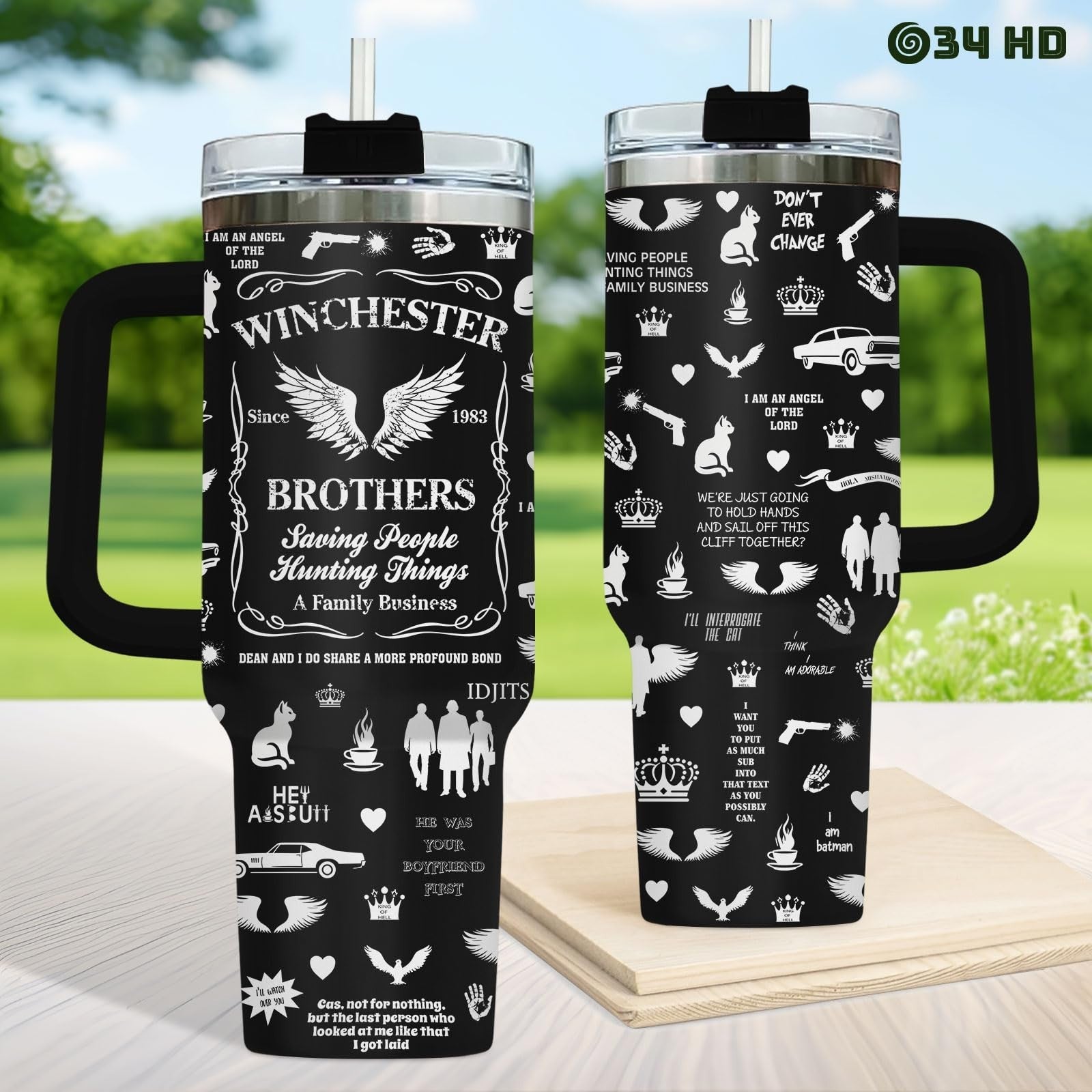 40oz Insulated Tumbler with Handle & Straw   Vintage Car Wings Coffee Cup Gift2