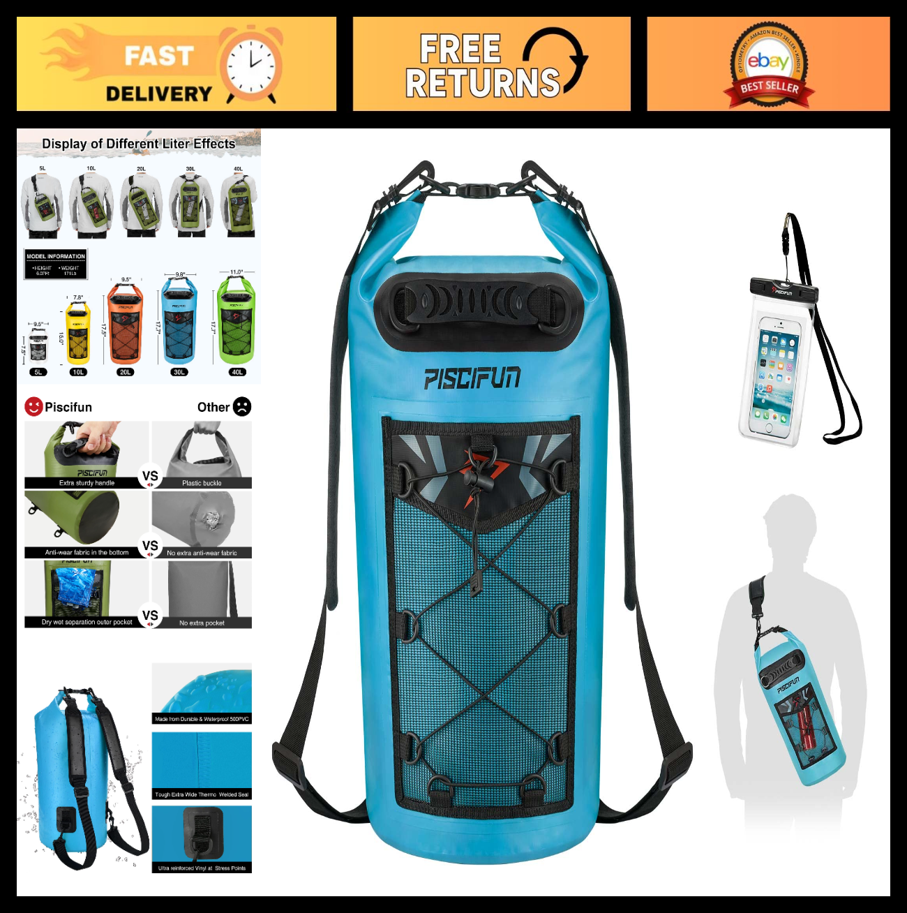 Waterproof Floating Dry Bag Backpack 10L/20L/30L/40L + Phone Case for Kayaking,0