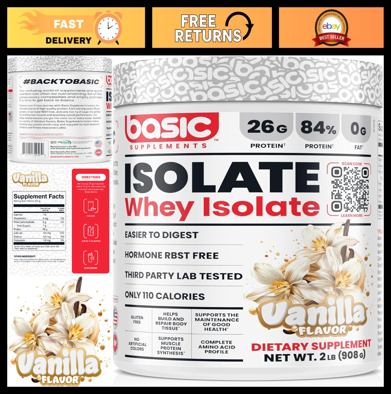 High-Quality Whey Protein Isolate, 26g Protein, Gluten-Free, 0g Fat, Low-Calorie0