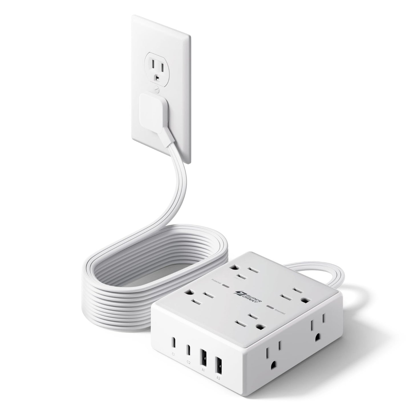 10Ft Flat Plug Extension Cord with Surge Protector Power Strip   6 Outlets, Heav1