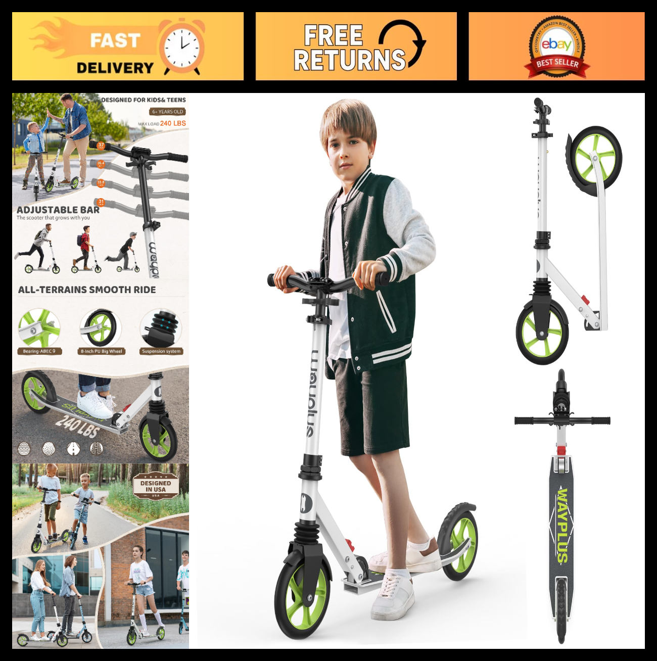 Kick Scooter for Kids, Teens & Adults - 8" Big Wheels, 240lb Weight Capacity0