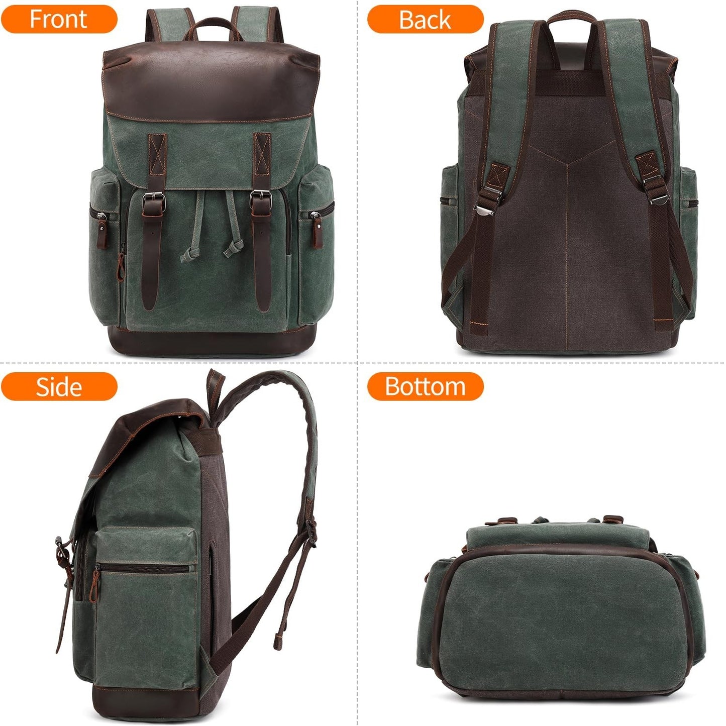 Vintage Waxed Canvas Leather Backpack for Men, 17.3" Laptop Rucksack, Travel Bag7