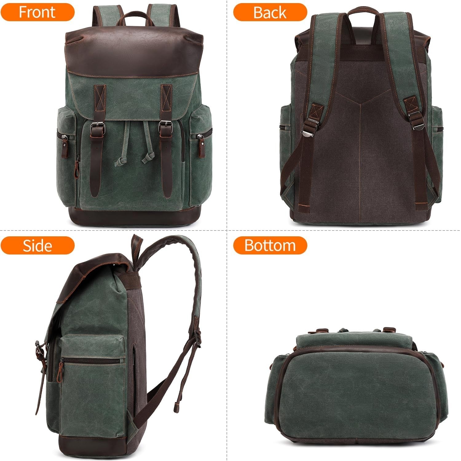 Vintage Waxed Canvas Leather Backpack for Men, 17.3" Laptop Rucksack, Travel Bag7