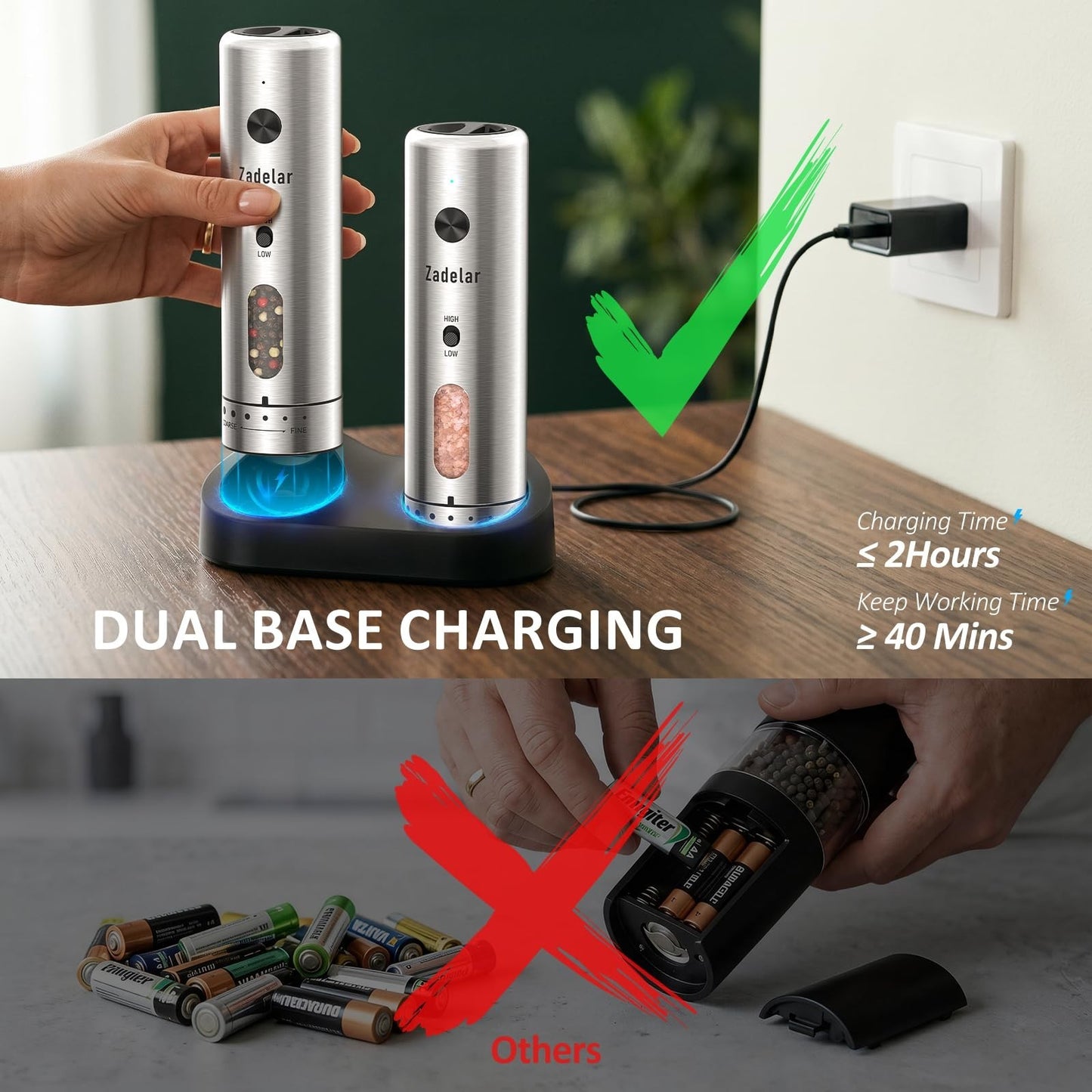Rechargeable Electric Salt & Pepper Grinder Set   Adjustable Coarseness, One Han5