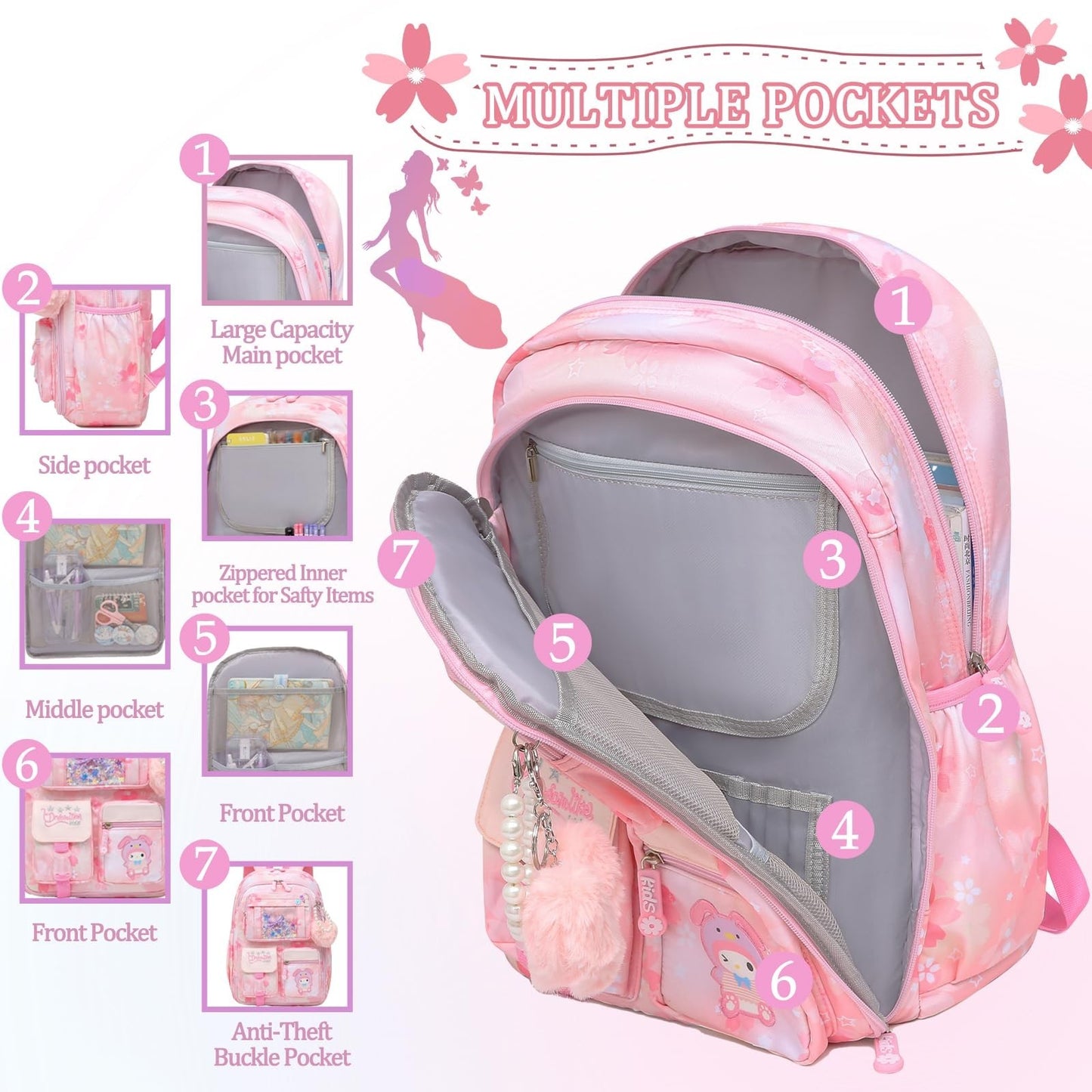 Stylish Girls School Backpack for Kids   17" Book Bag with Multiple Pockets, Spl1