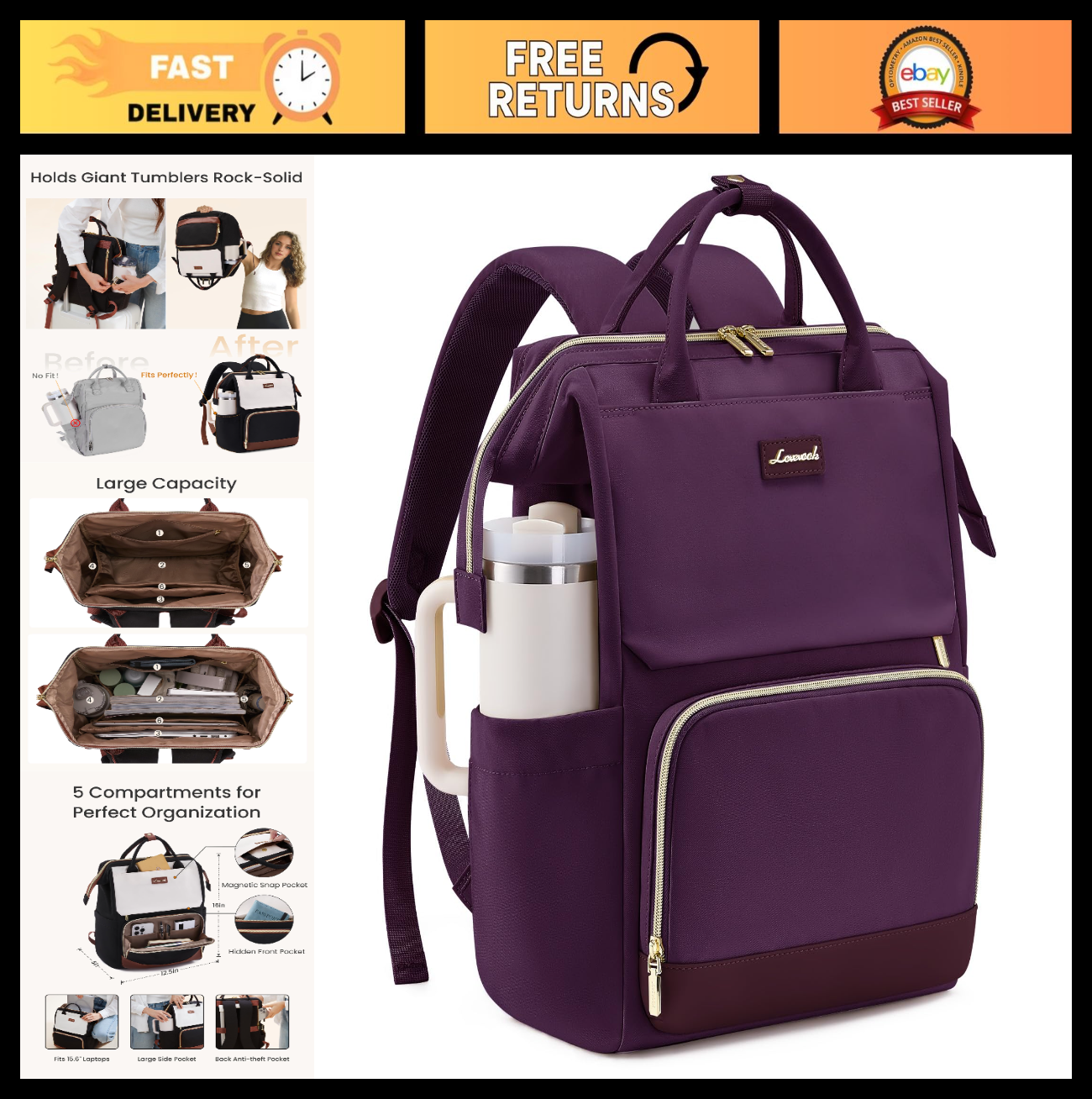 Stylish Laptop Backpack for Women   Giant Tumbler Holder, Travel, Work, Nurse, T0