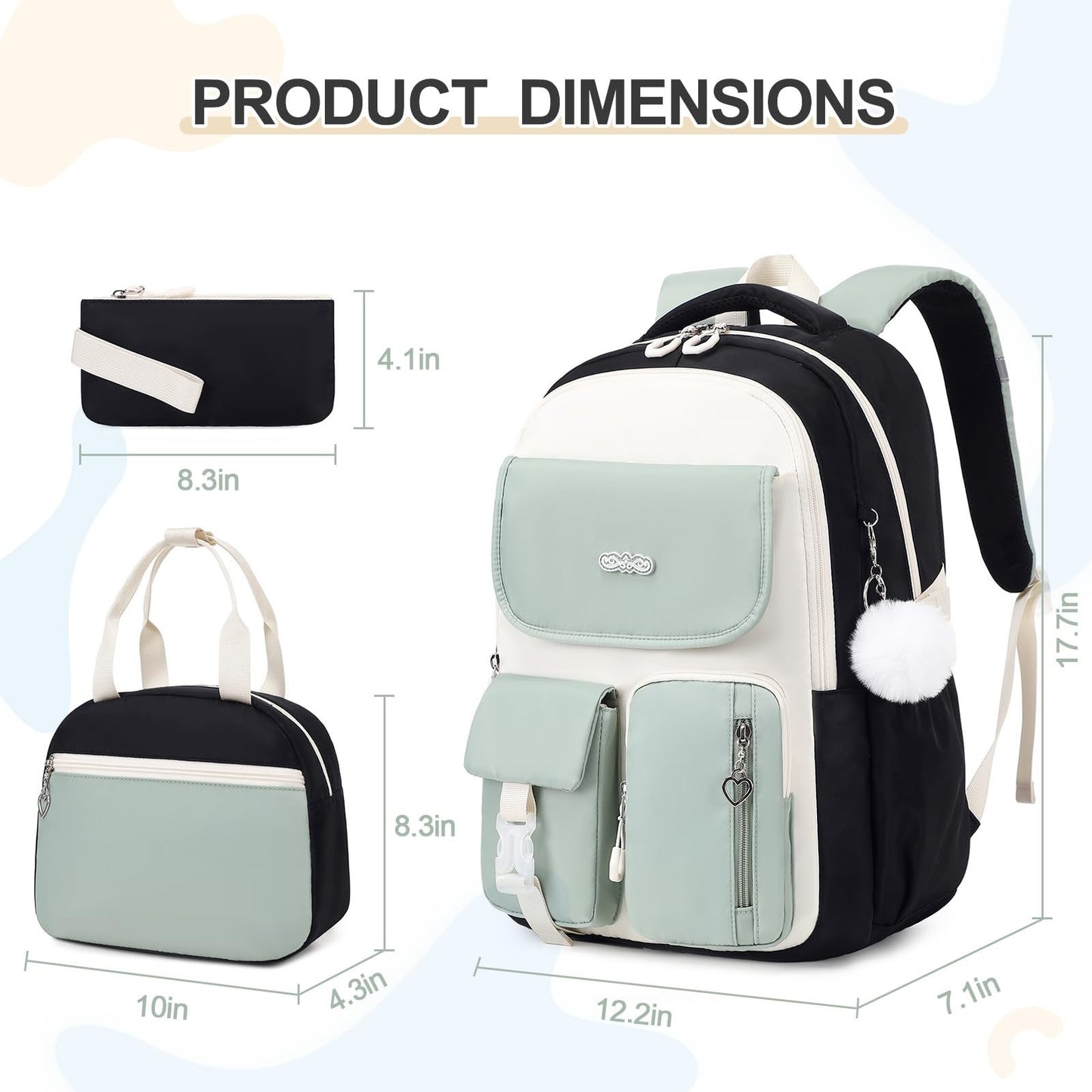 Girls' School Backpack Set 3PCS   Includes Lunch Box & Pencil Pouch, Stylish & D2