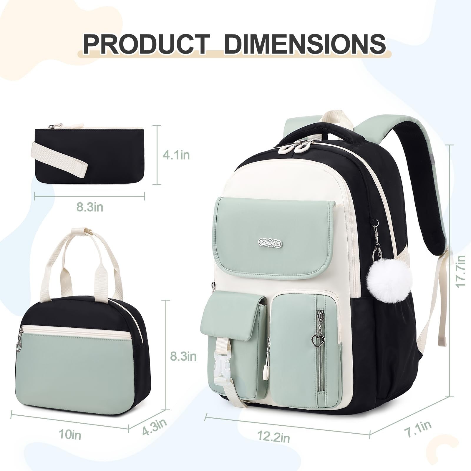 Girls' School Backpack Set 3PCS   Includes Lunch Box & Pencil Pouch, Stylish & D2