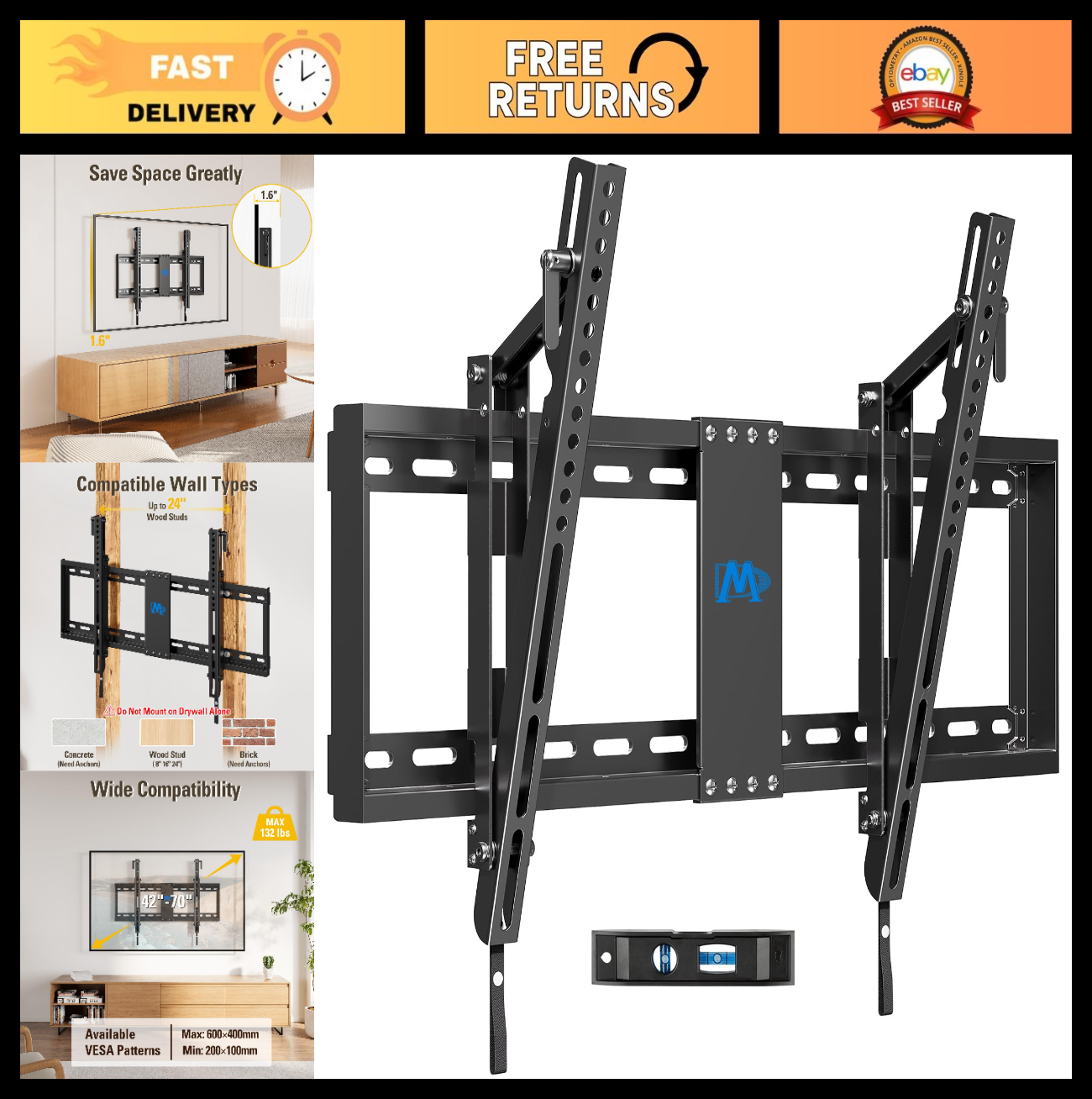 Universal Tilt TV Wall Mount for 42 70 Inch TVs, VESA 200x100 to 600x400mm, 20°0