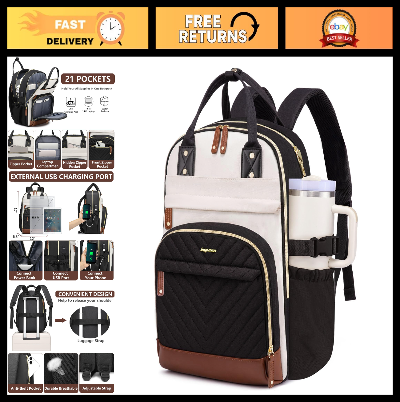 Stylish Laptop Backpack for Women   15.6" College Bookbag with Large Tumbler Poc0