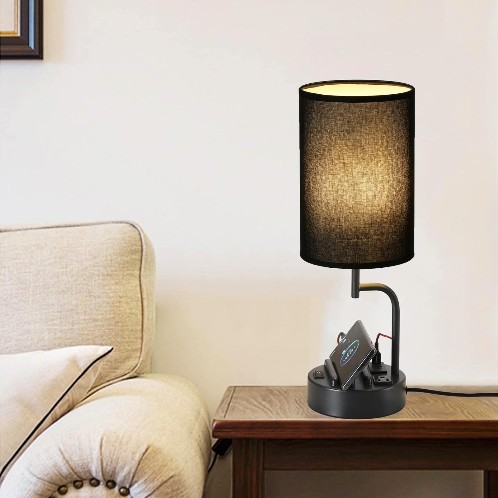 Modern Table Lamp with 3 USB Ports & AC Outlet, Bedside Desk Light, 2 Pack, Blac6