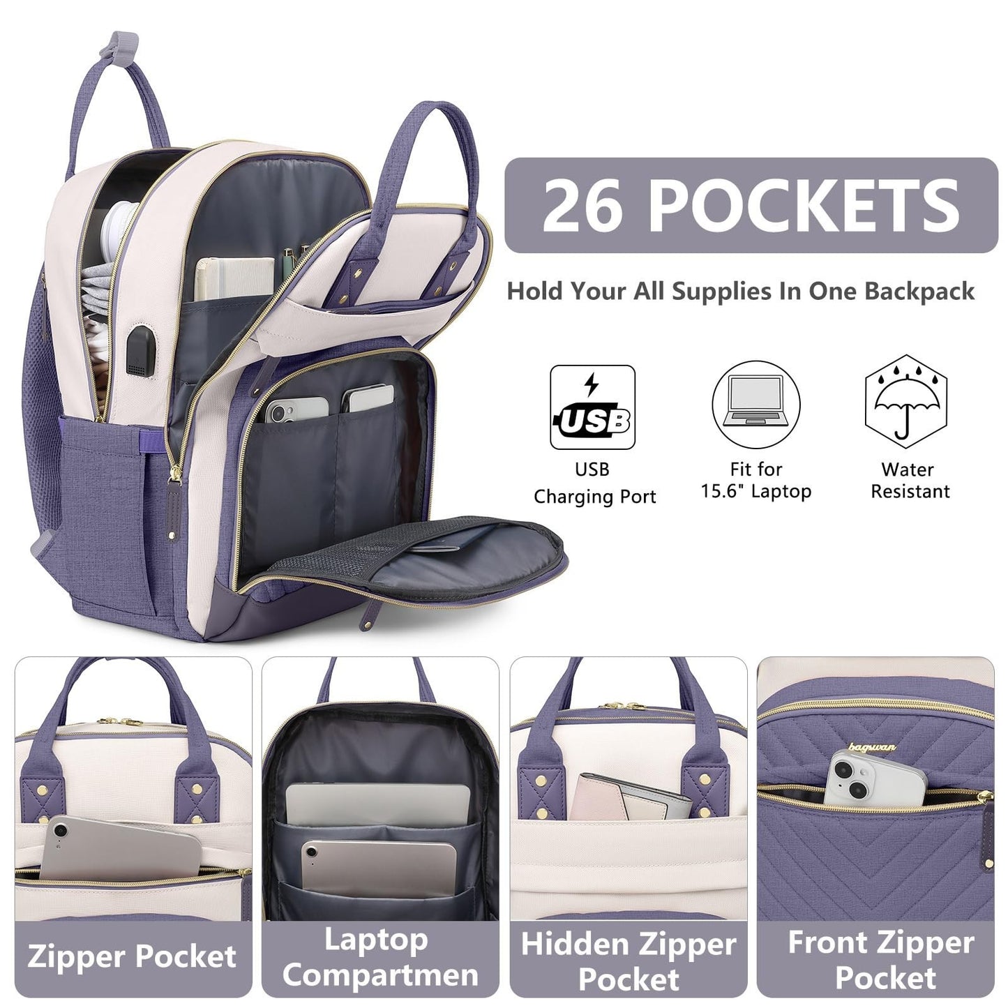 Stylish 17.3" Laptop Backpack for Women   Travel Work Bag with USB Charger2
