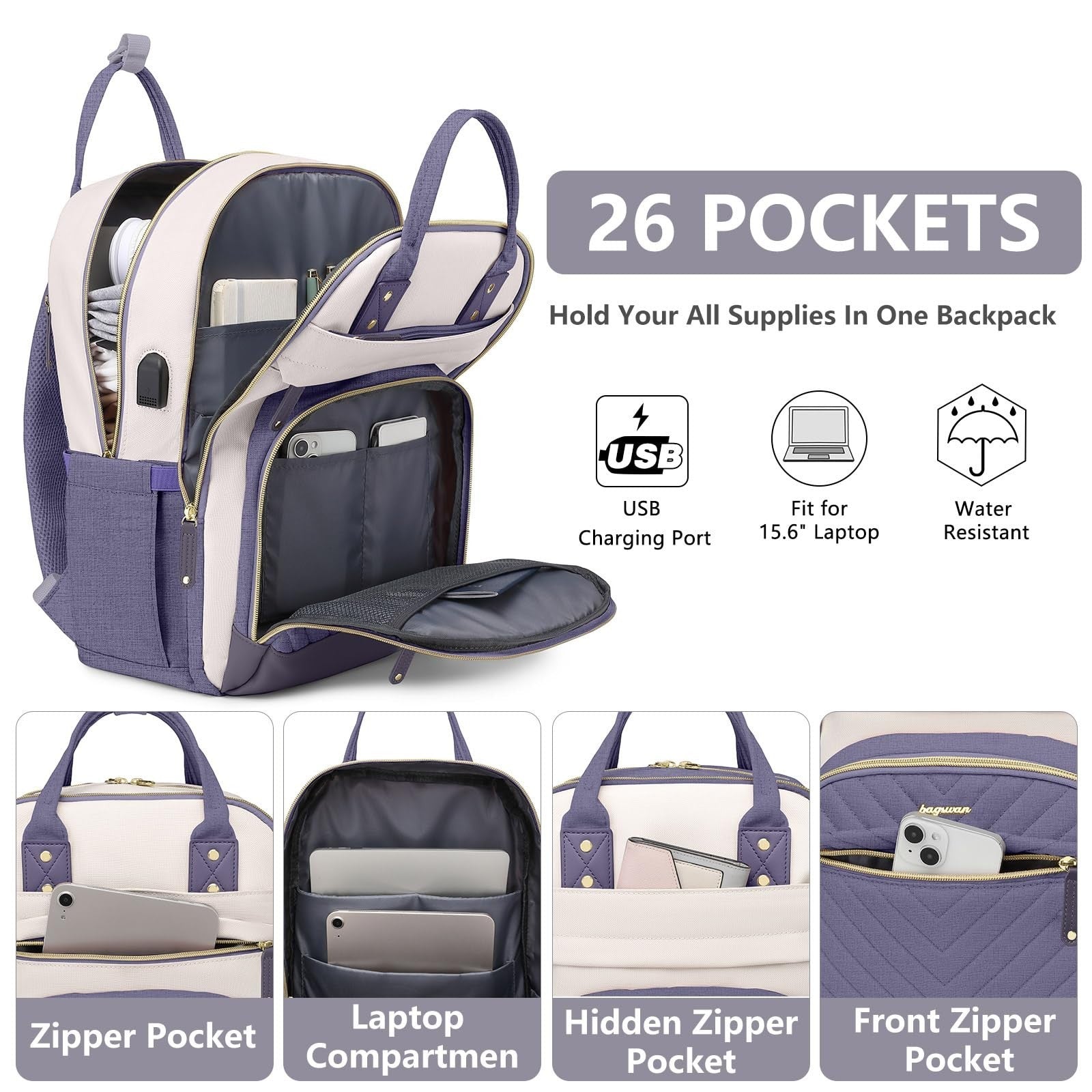 Stylish 17.3" Laptop Backpack for Women   Travel Work Bag with USB Charger2
