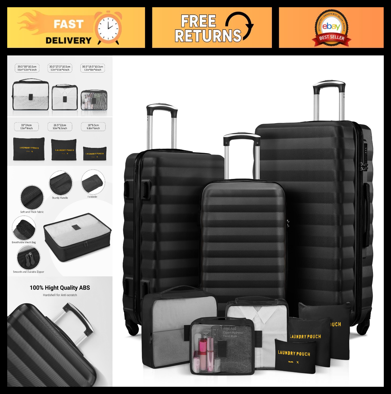3 Piece Hardshell Luggage Set with Spinner Wheels & 6 Packing Bags - 20/24/28 In0