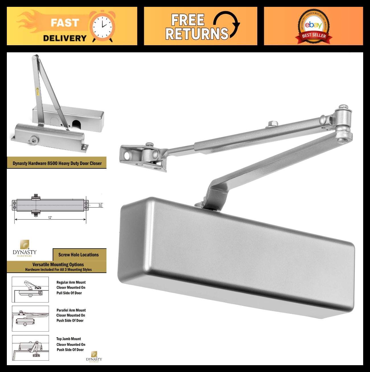 Heavy Duty Hydraulic Door Closer, Adjustable Spring Size 1 6, ADA Compliant, Sur0