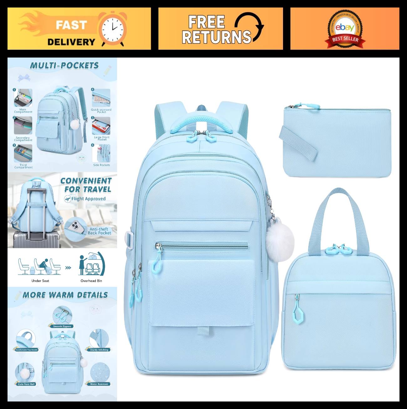 Stylish Girls Backpack Set with Lunch Box & Pencil Case   Perfect for School!0