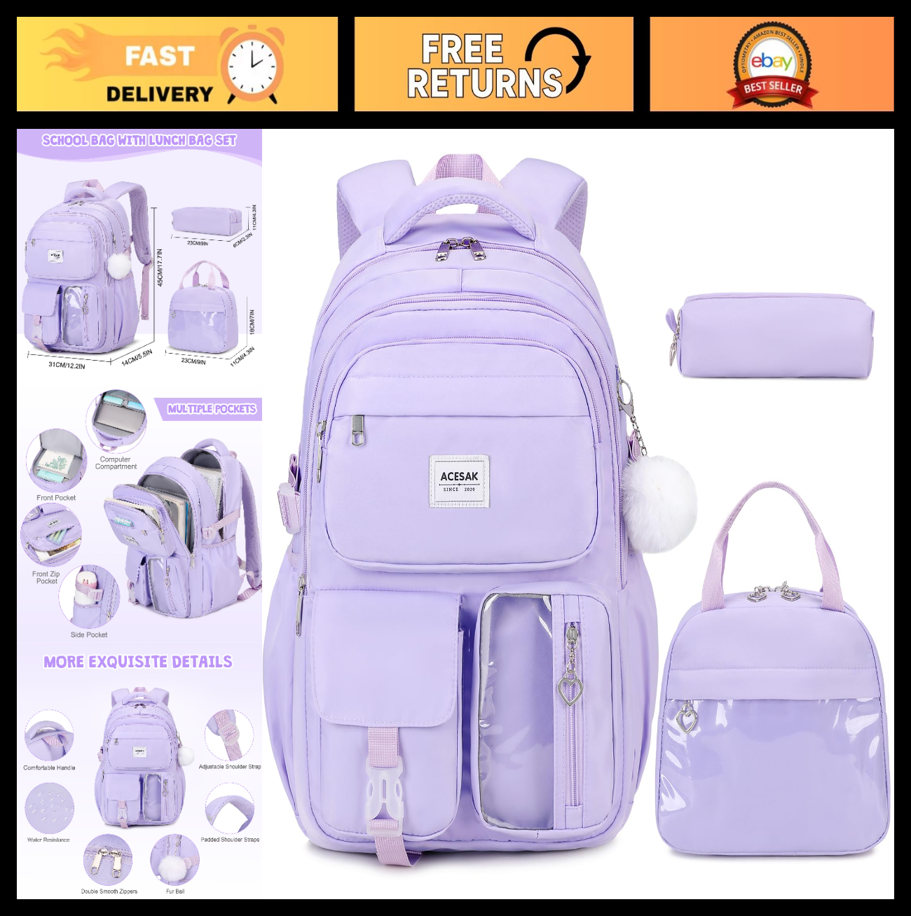 Stylish Girls Backpack Set with Lunch Bag & Pencil Pouch   Teen Laptop Bookbag,0