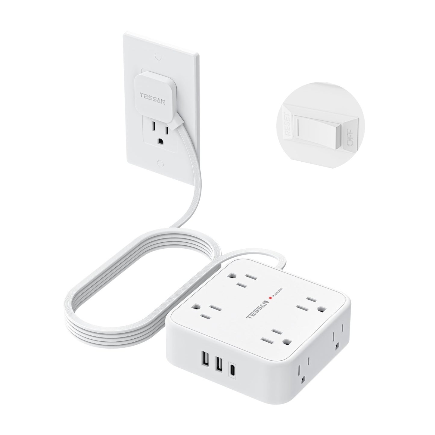 Surge Protector Power Strip 900J Protection, 10 Ft Extension Cord, White1