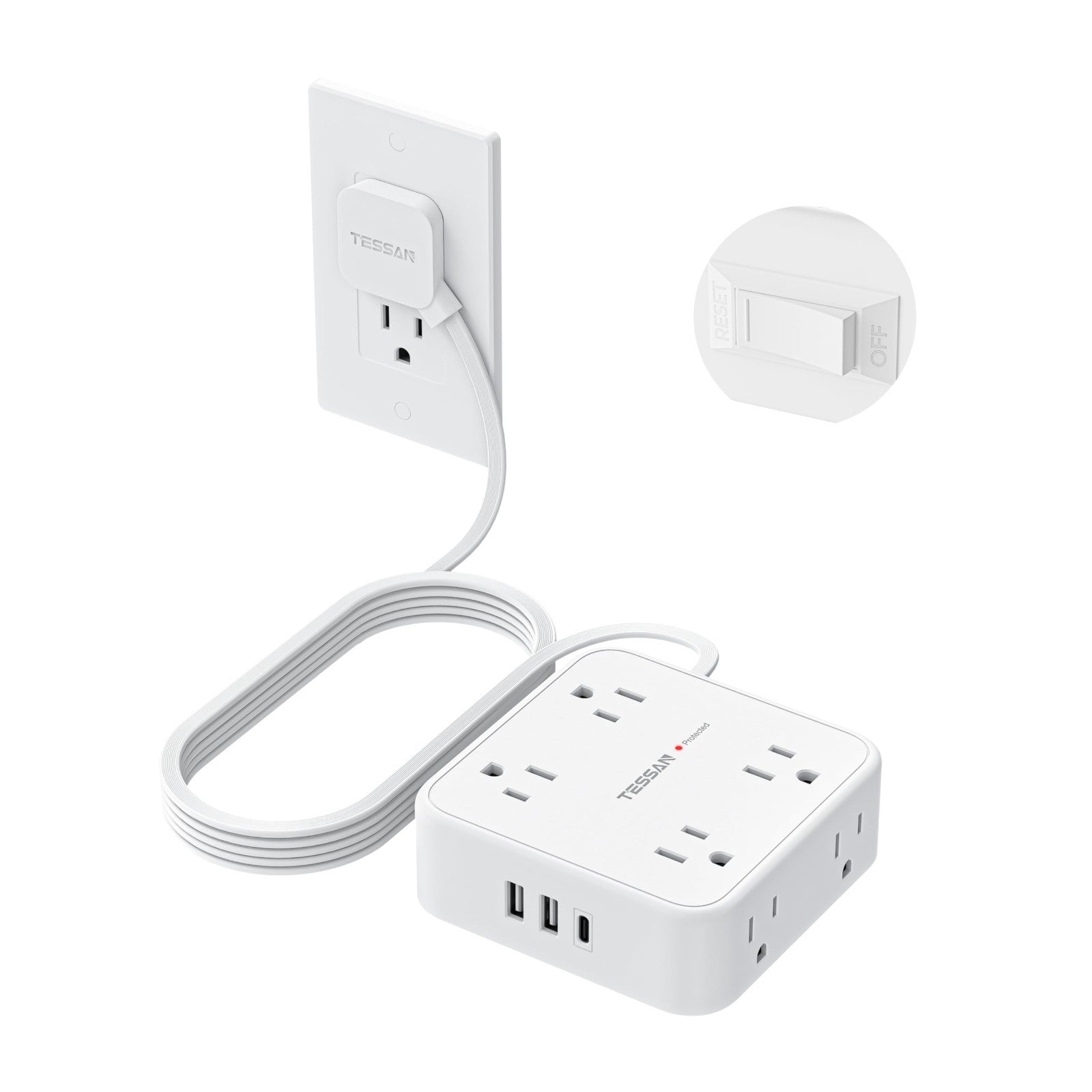 Surge Protector Power Strip 900J Protection, 10 Ft Extension Cord, White1