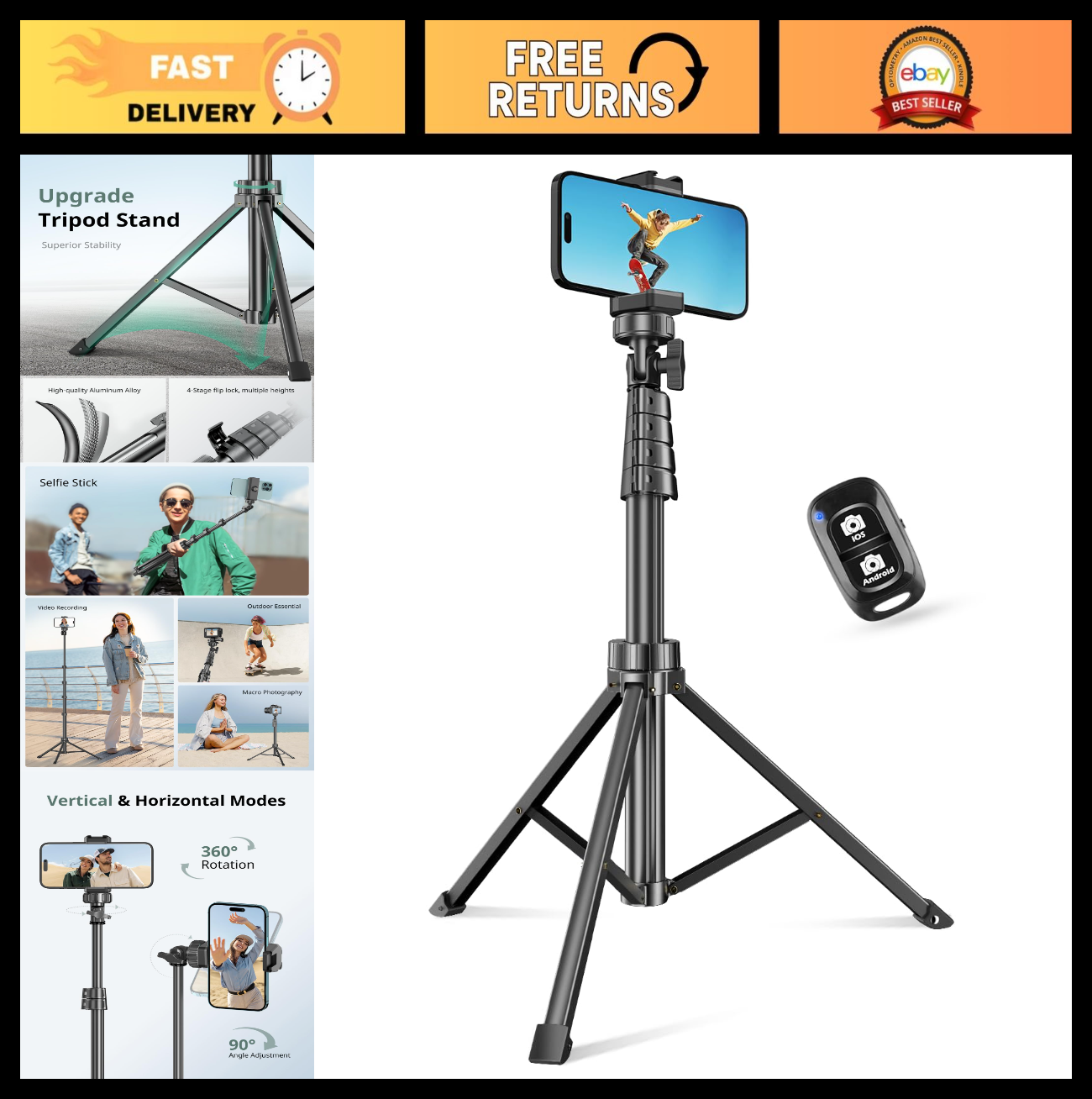 62" Extendable Phone Tripod with Wireless Remote & Holder   Selfie Stick for Vid0