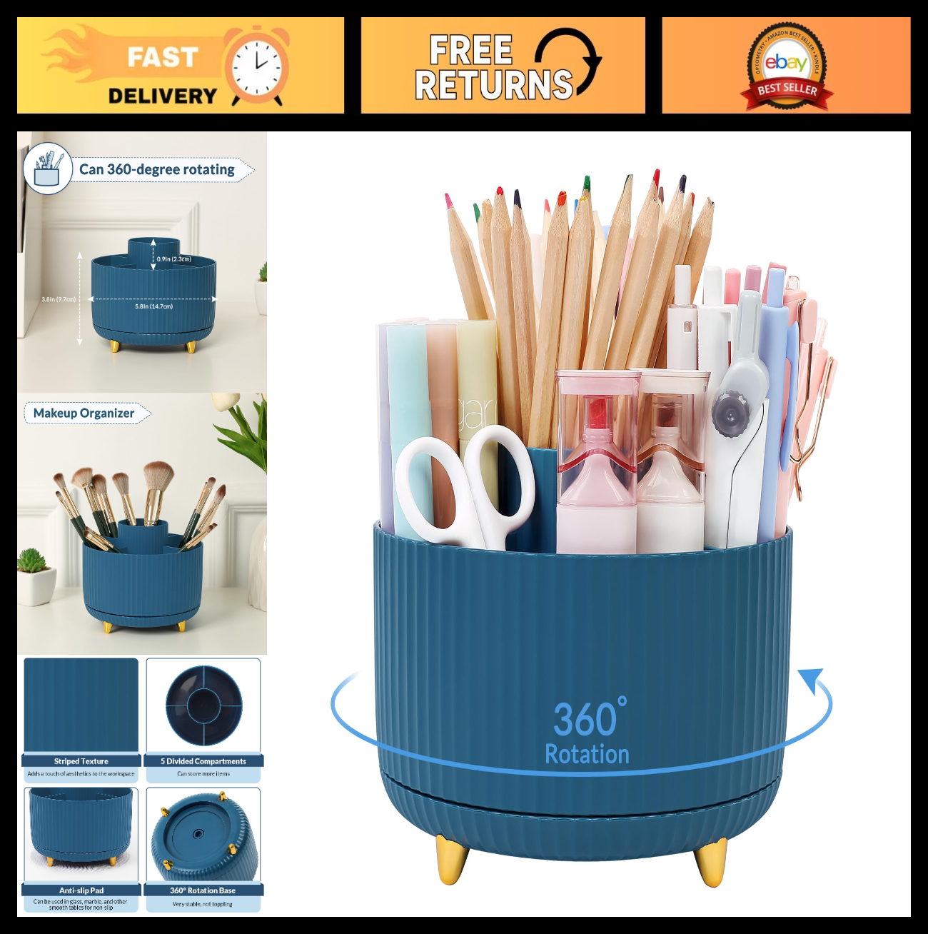 360° Rotating Desk Organizer   Dual Purpose Pen Holder with 5 Slots for Office,0