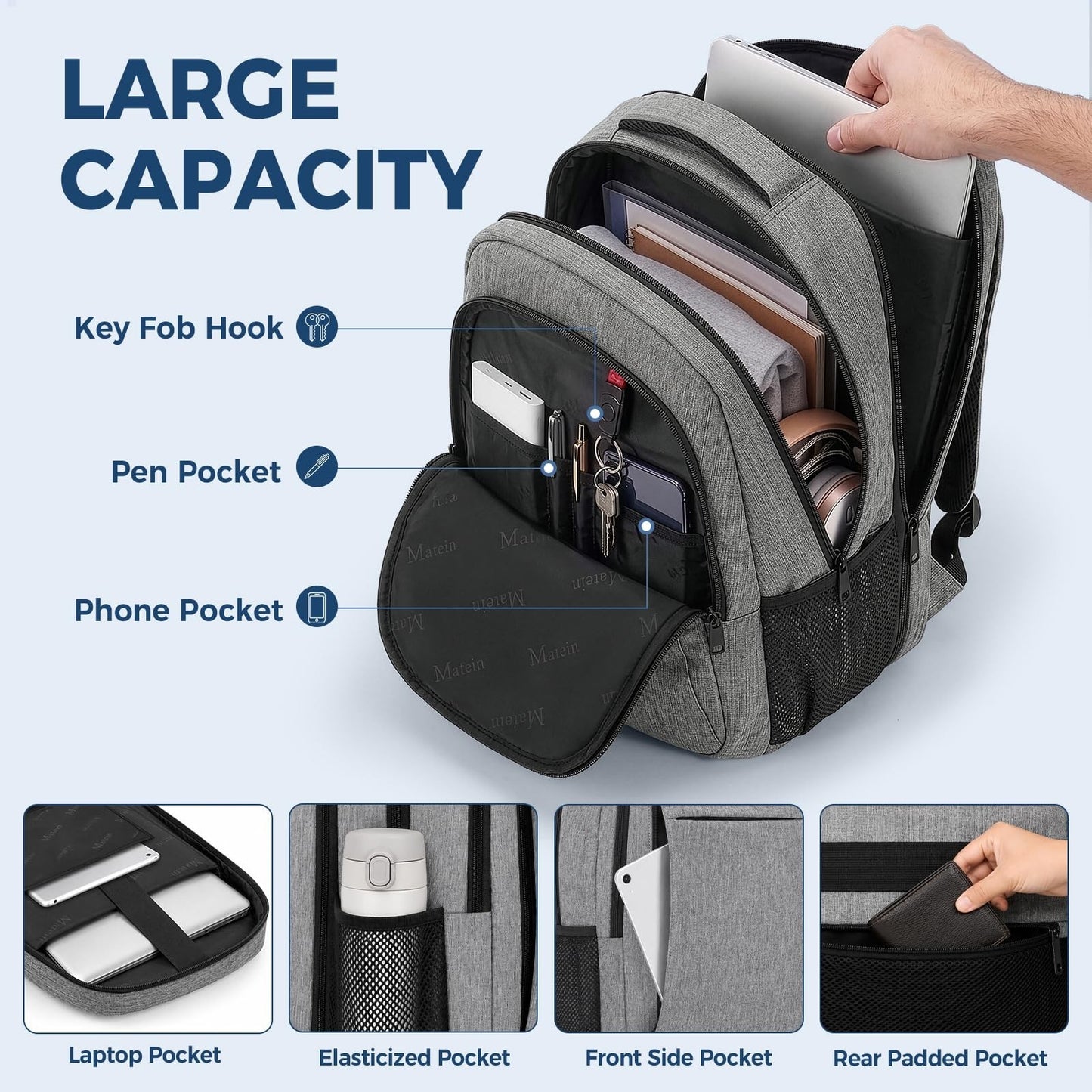 Spacious 15.6" Travel Laptop Backpack   College School Computer Bag, Grey4
