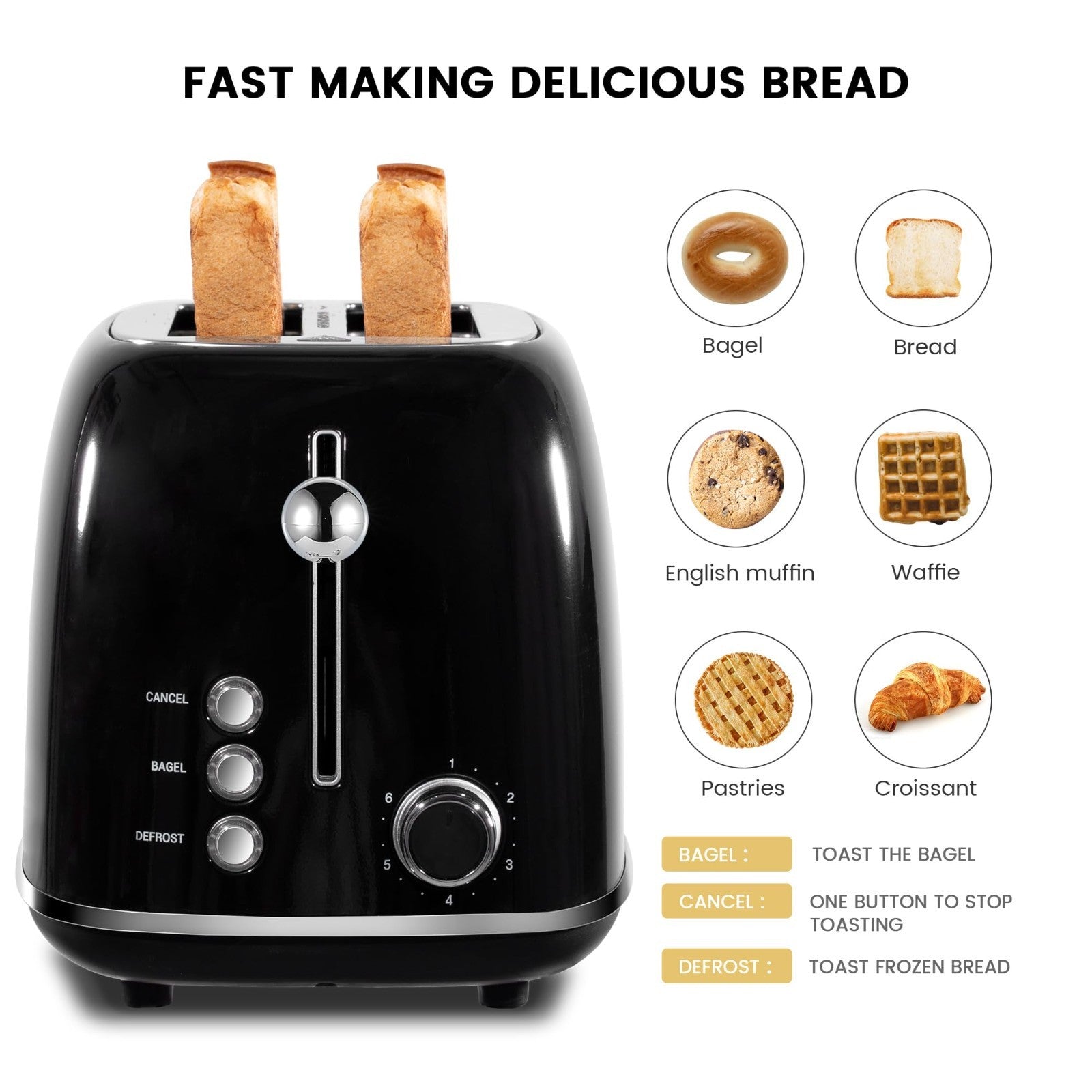 Retro Stainless Steel 2 Slice Toaster with Bagel, Defrost, 6 Shade Settings, Bla4